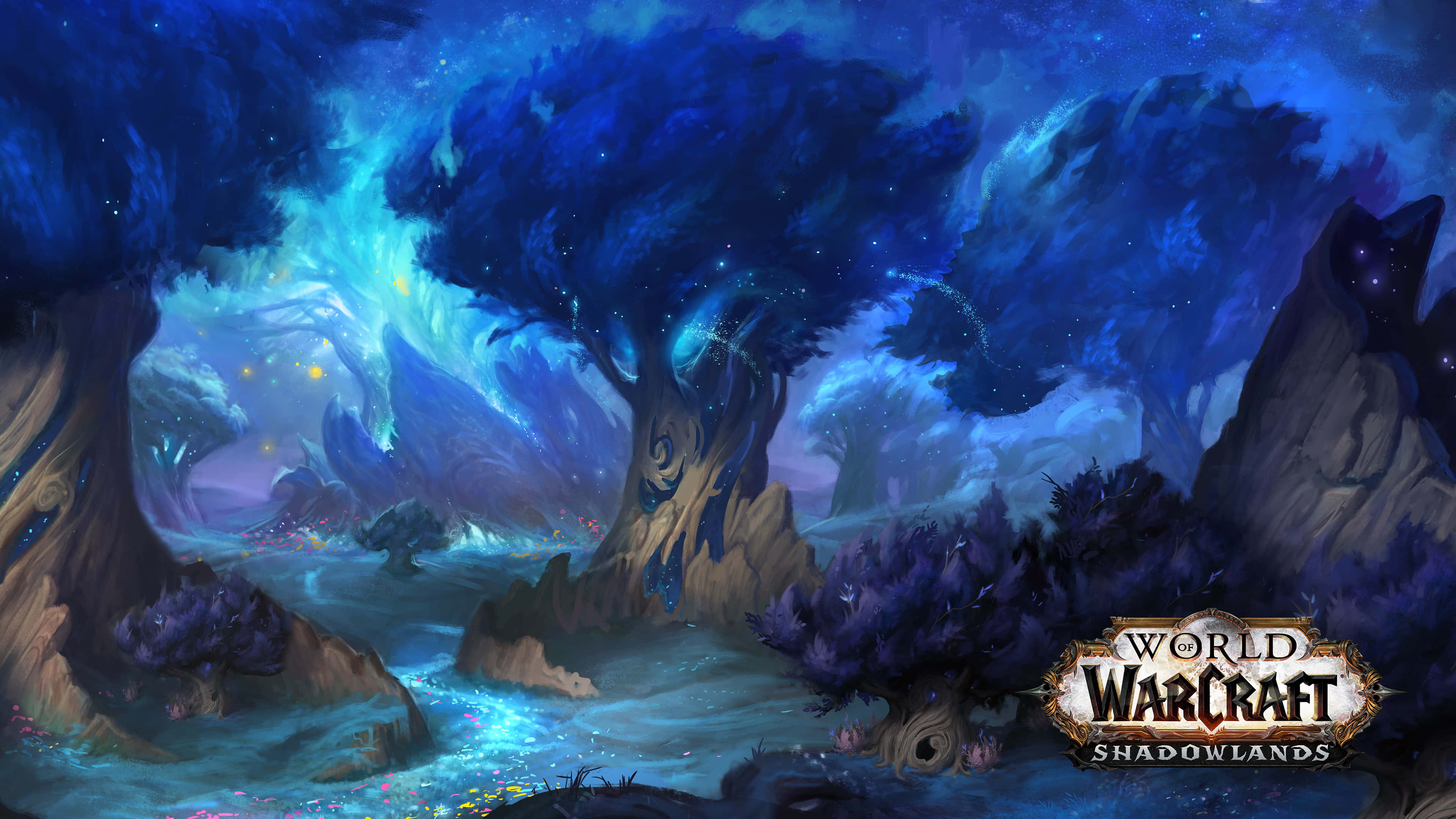 World of Warcraft Shadowlands, mystical blue forest, glowing trees, 4K Desktop Wallpaper