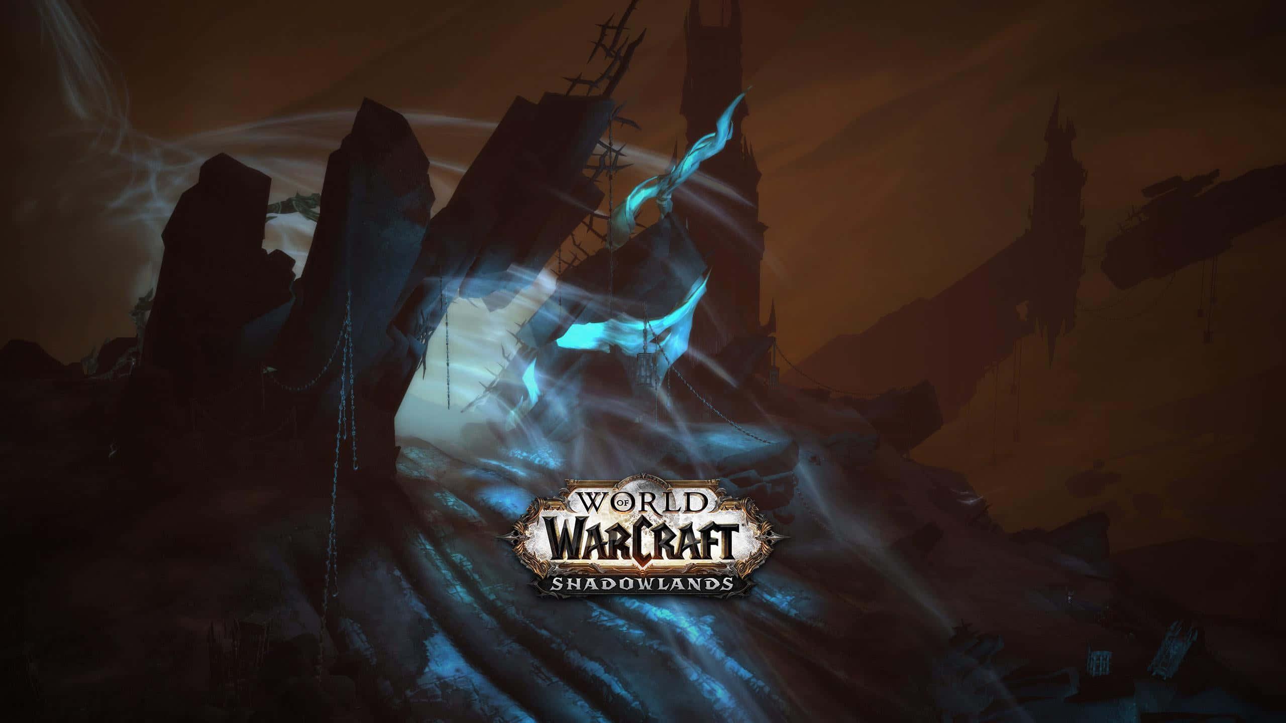 World of Warcraft Shadowlands, glowing blue spectral ship, dark ruins, 2K Desktop Wallpaper
