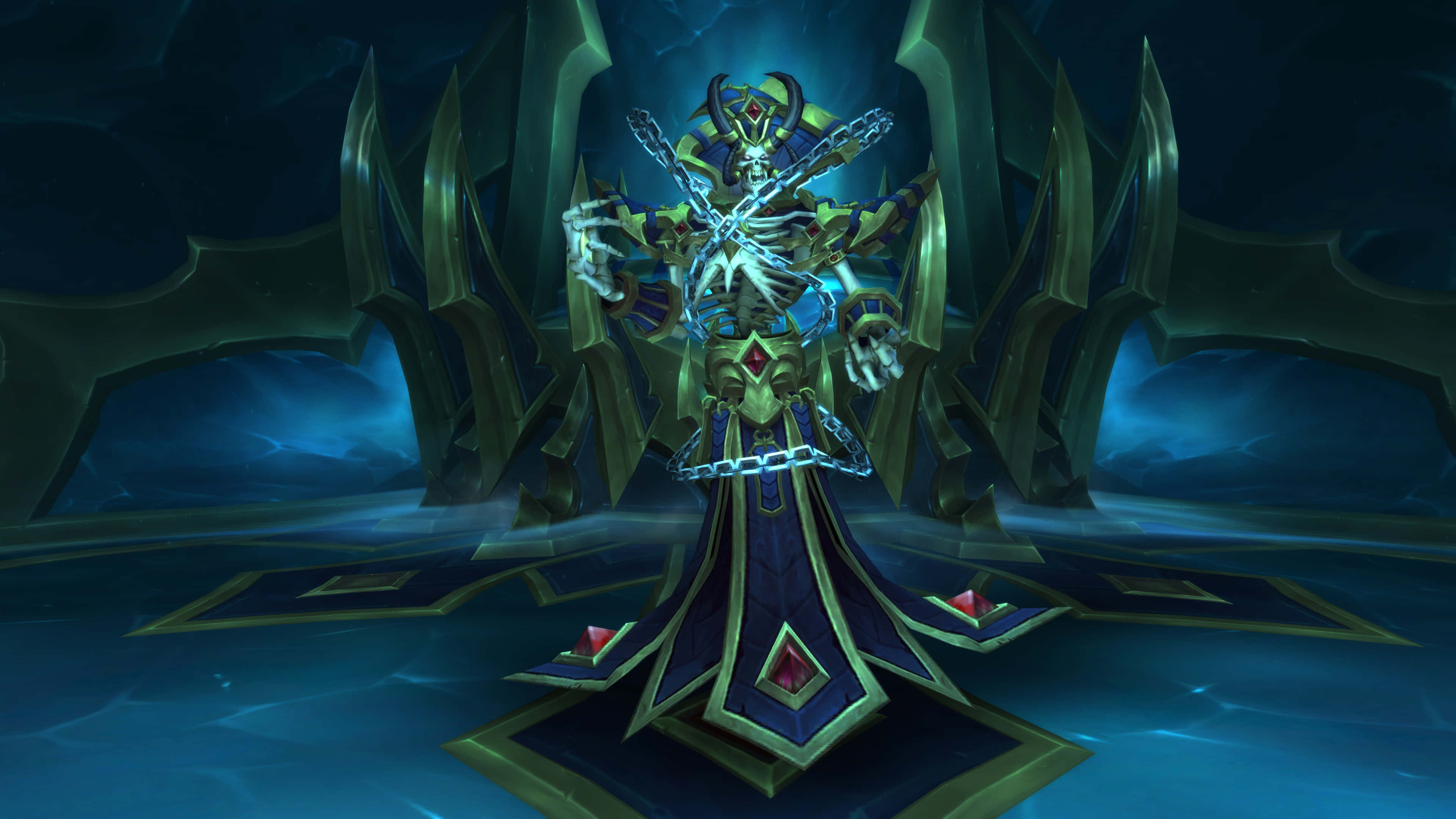 World of Warcraft Shadowlands, skeletal warlock, ornate golden armor, 4K Desktop Wallpaper