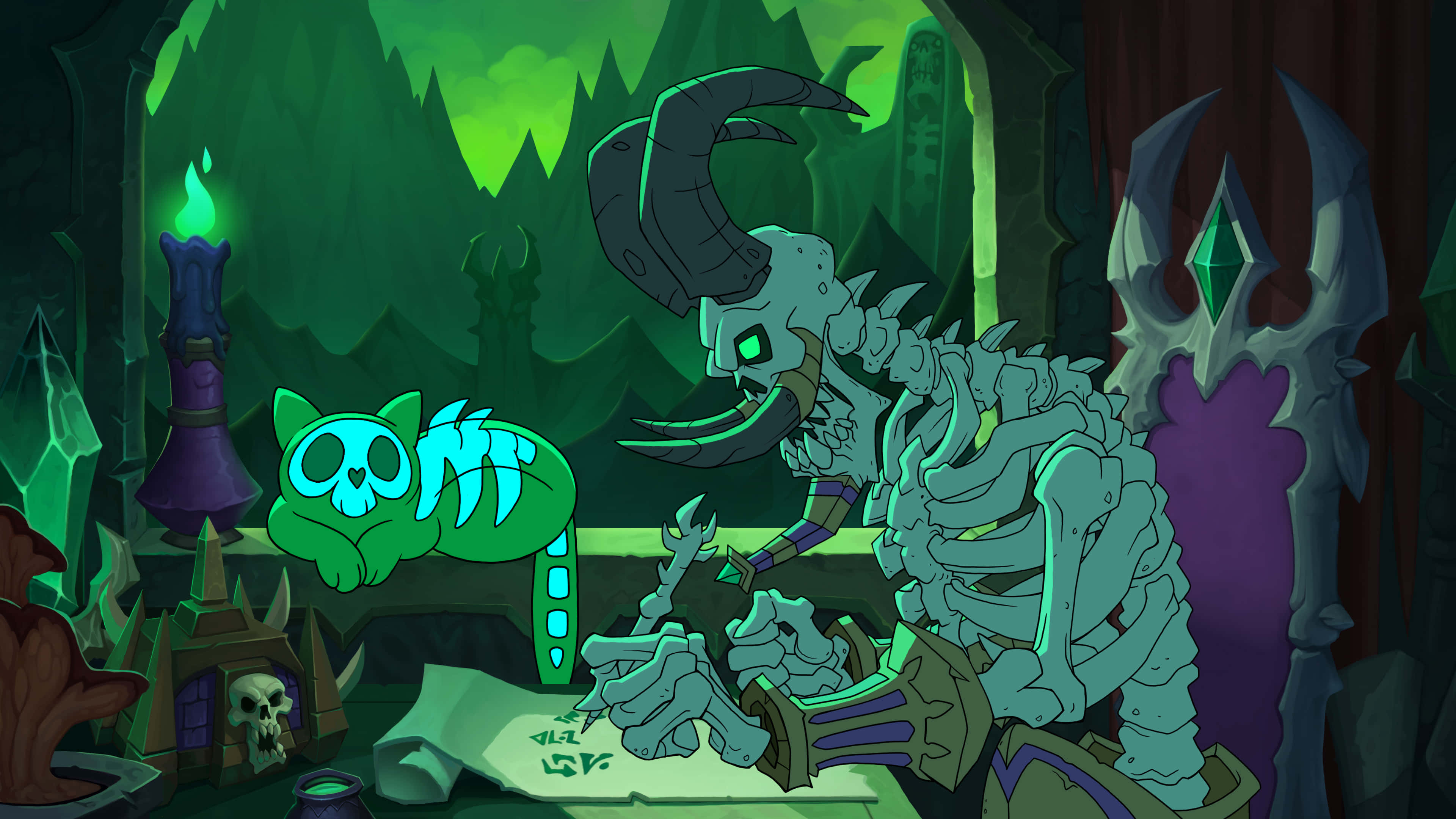 World of Warcraft Shadowlands, skeletal wizard, glowing green eyes, 4K Desktop Wallpaper