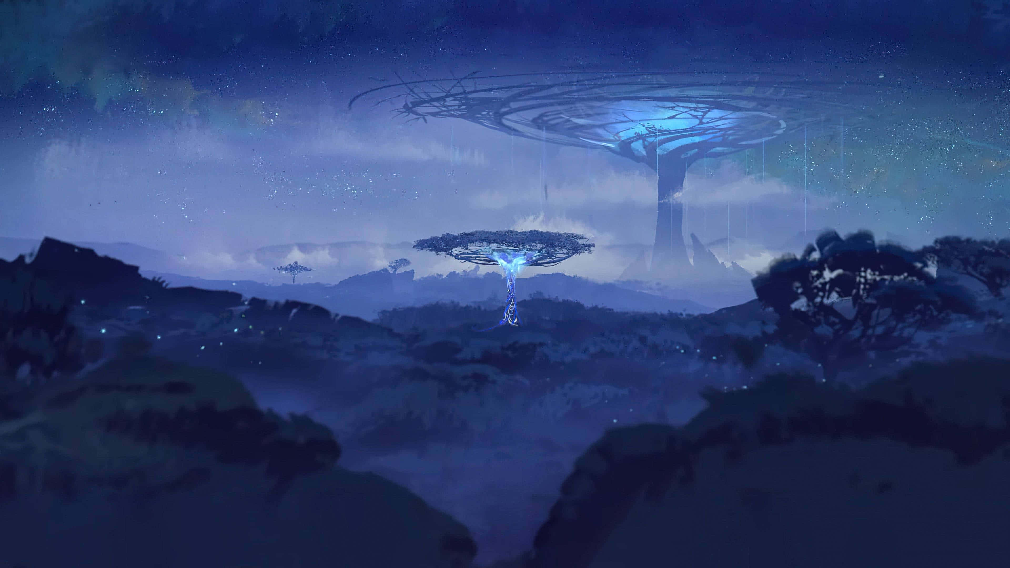 World of Warcraft: Shadowlands, glowing blue tree, misty valley, 4K Desktop Wallpaper