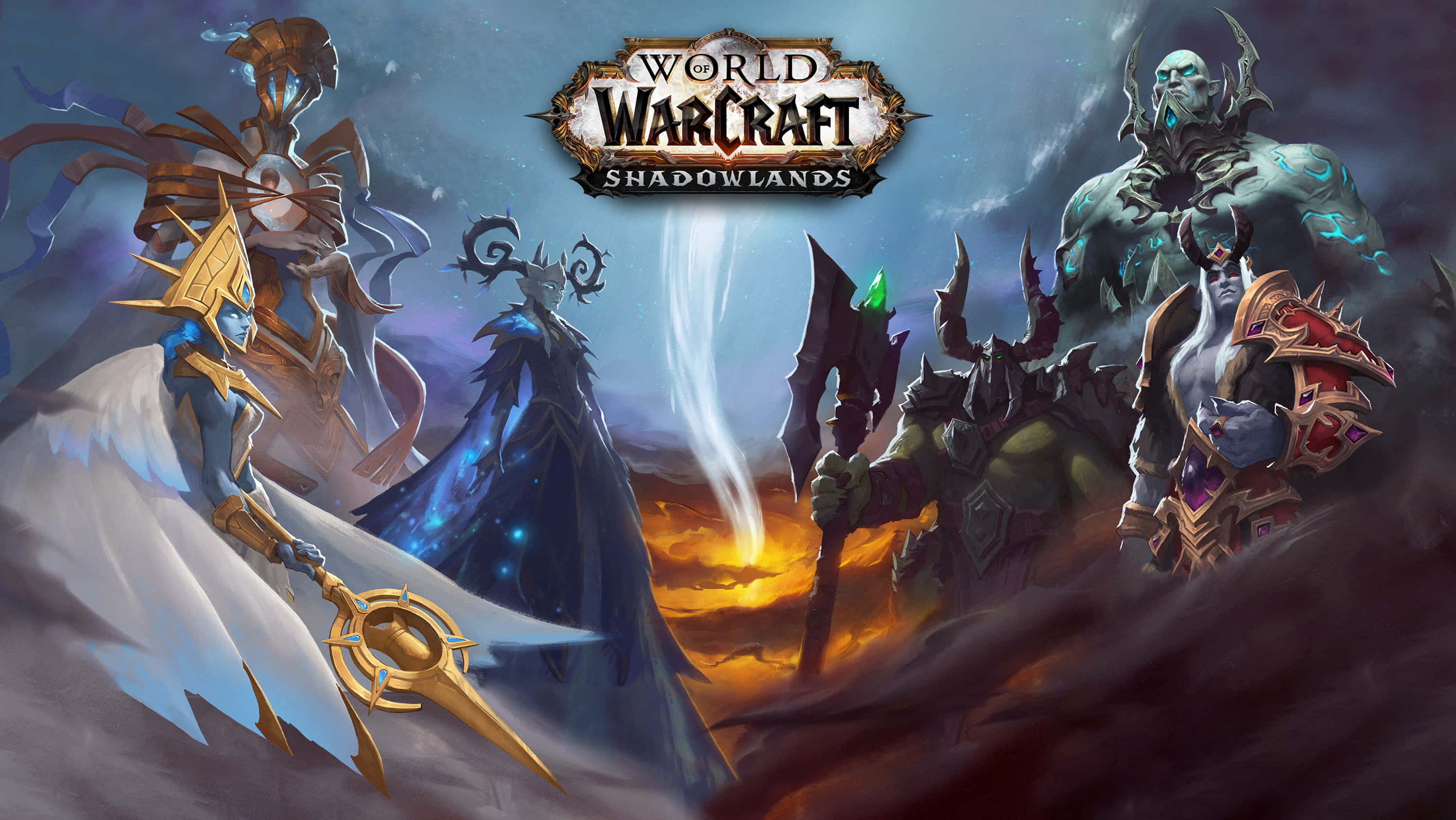 World of Warcraft Shadowlands, fantasy game characters, dramatic dark mystical landscape, 2K Desktop Wallpaper