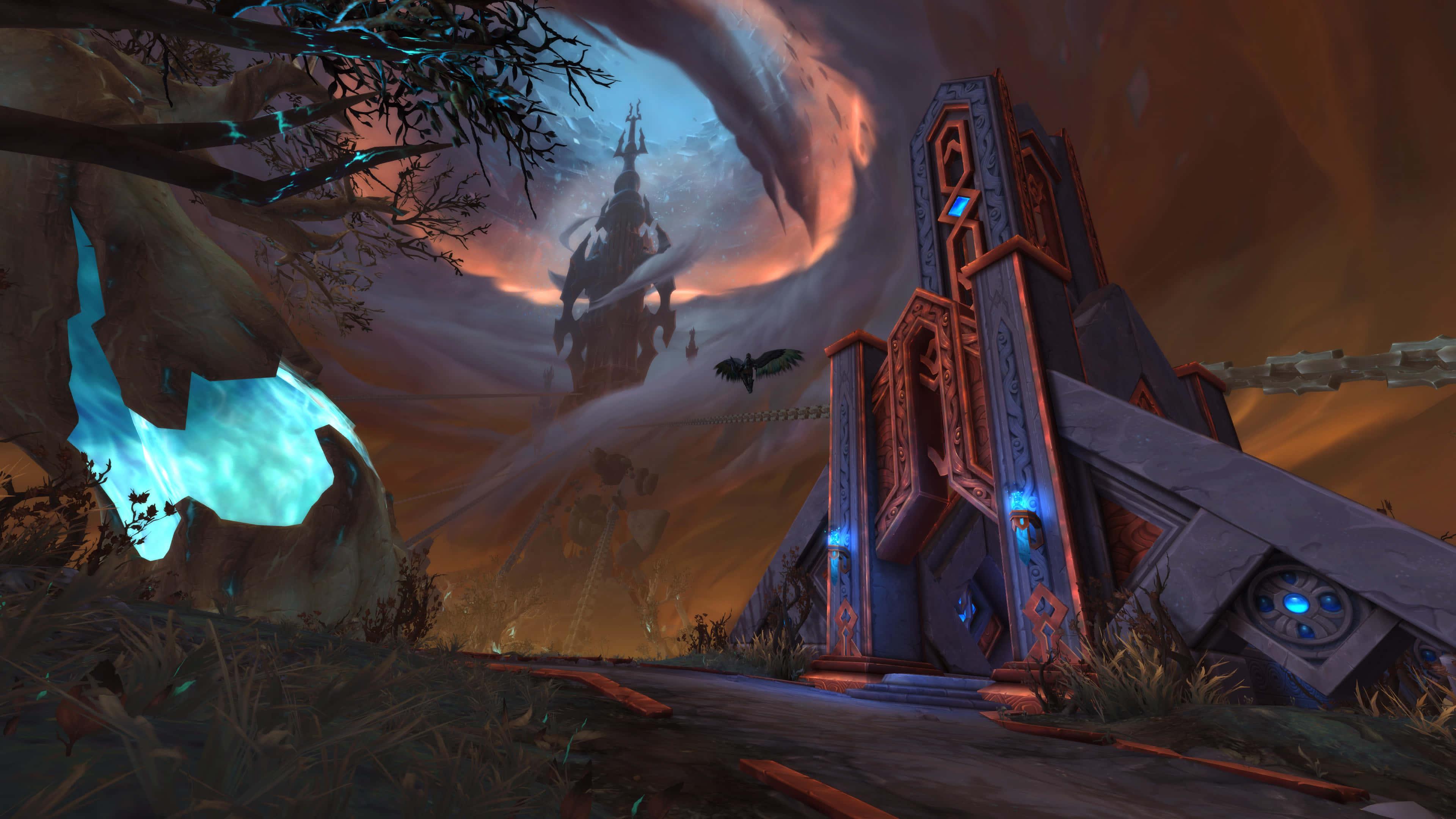 World Of Warcraft Shadowlands, glowing blue ruins, floating castle, 4K Desktop Wallpaper