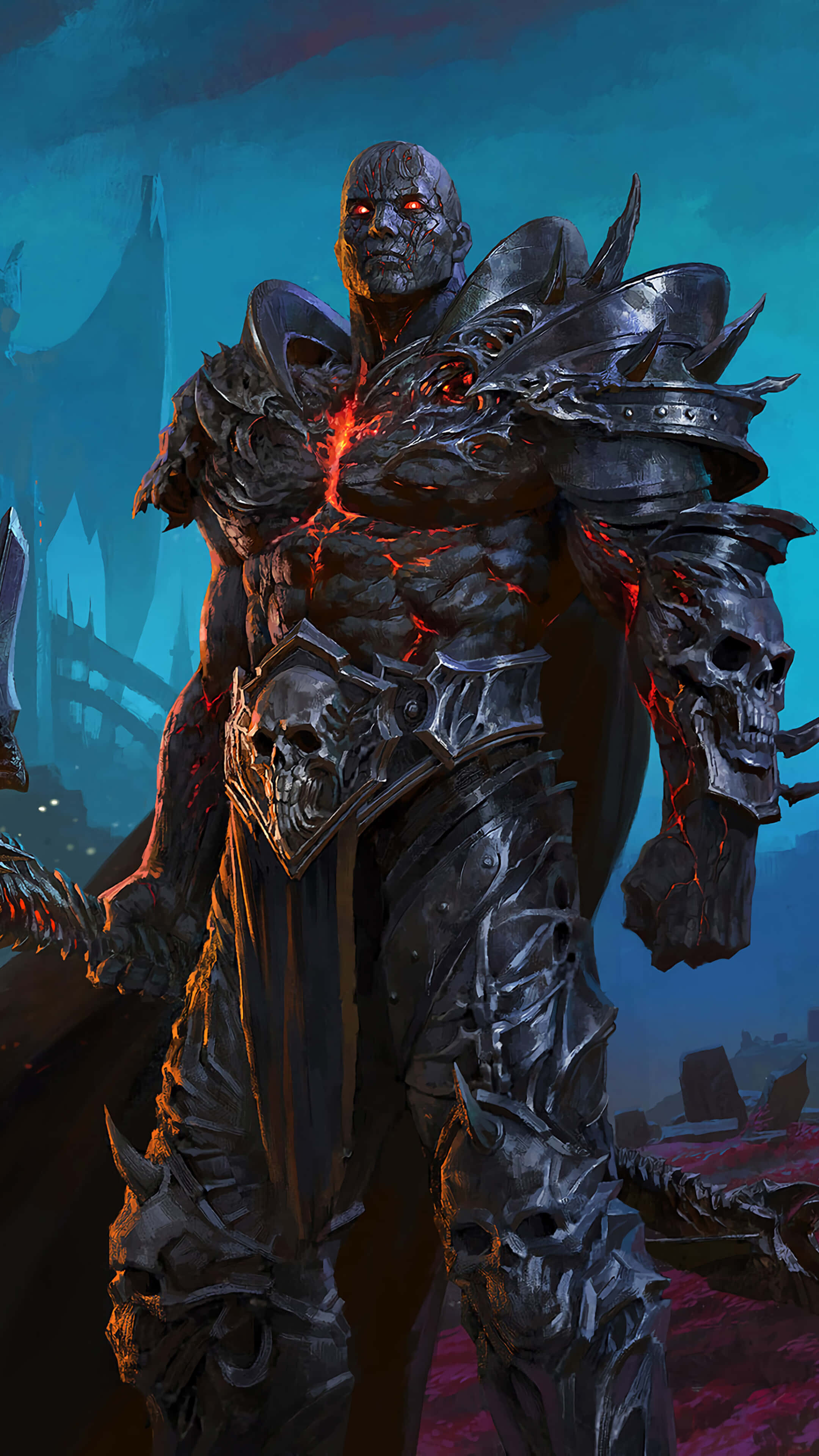 World of Warcraft Shadowlands, menacing armored demon, glowing red eyes, 4K Phone Wallpaper