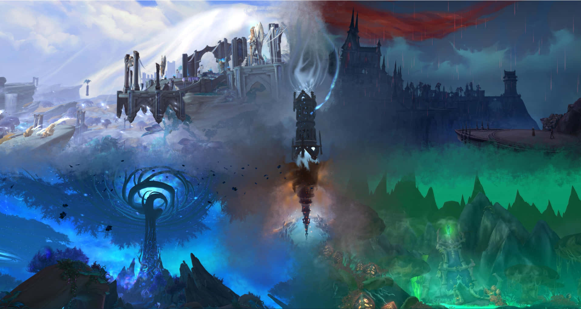 World Of Warcraft Shadowlands, glowing blue magical zone, fiery central tower, HD Desktop Wallpaper