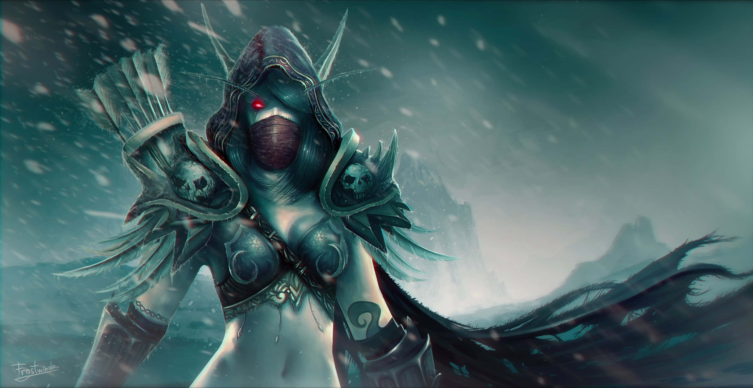 World of Warcraft: Shadowlands, hooded warrior, glowing red eyes, 2K Desktop Wallpaper
