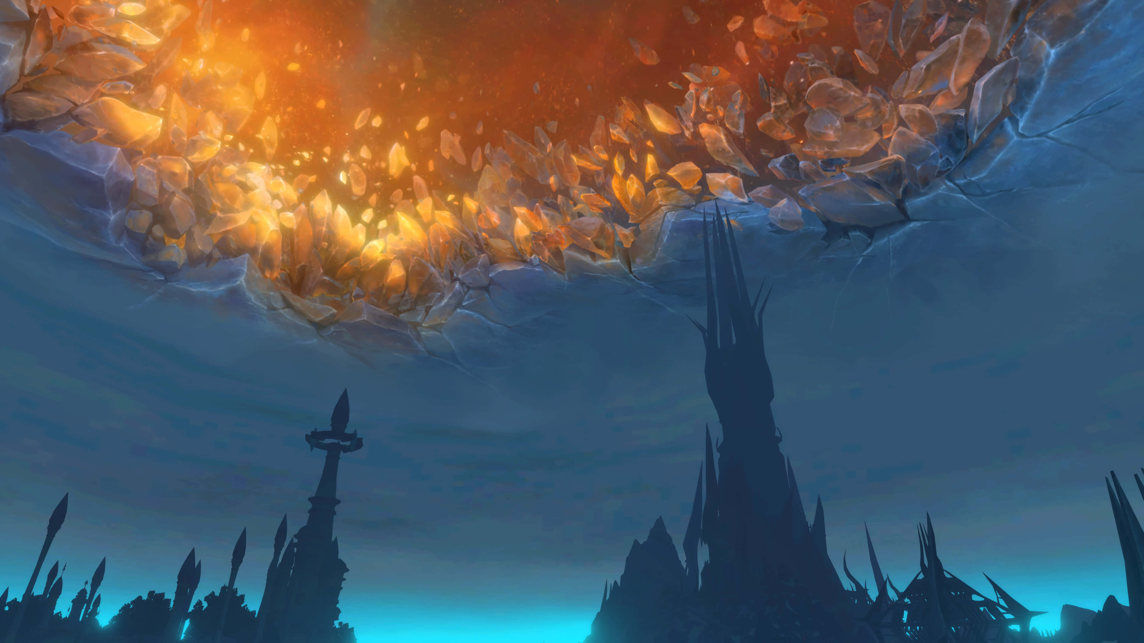World Of Warcraft Shadowlands, glowing orange crystal shards, jagged dark spires, 4K Desktop Wallpaper