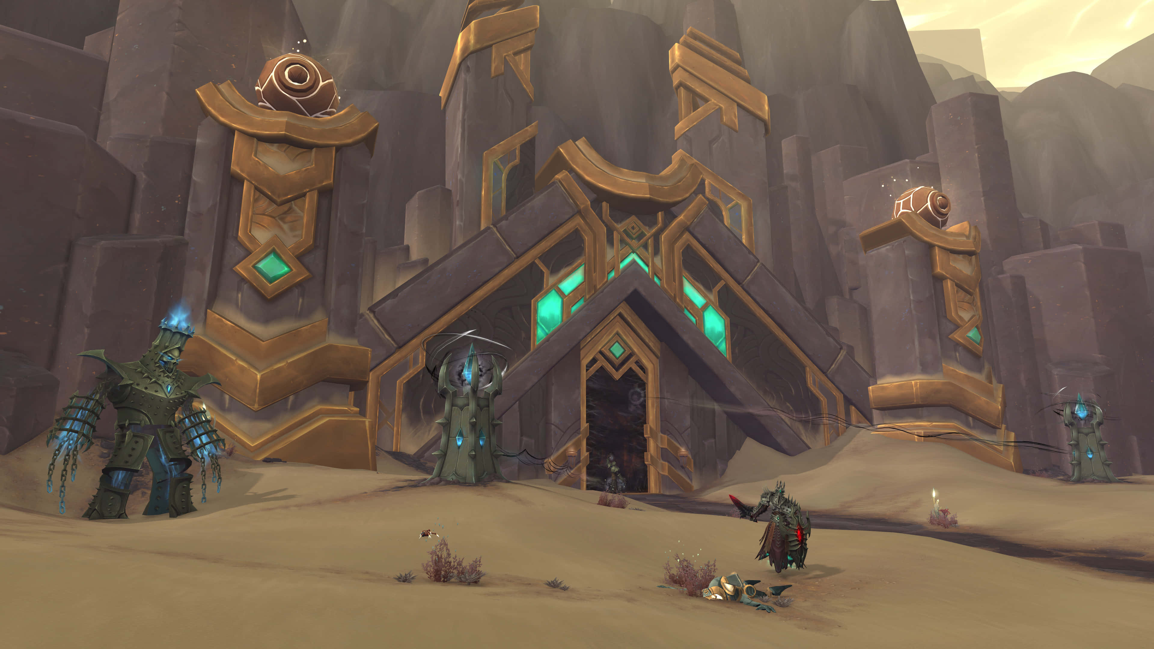 World of Warcraft Shadowlands, ancient golden temple, glowing teal windows, 4K Desktop Wallpaper
