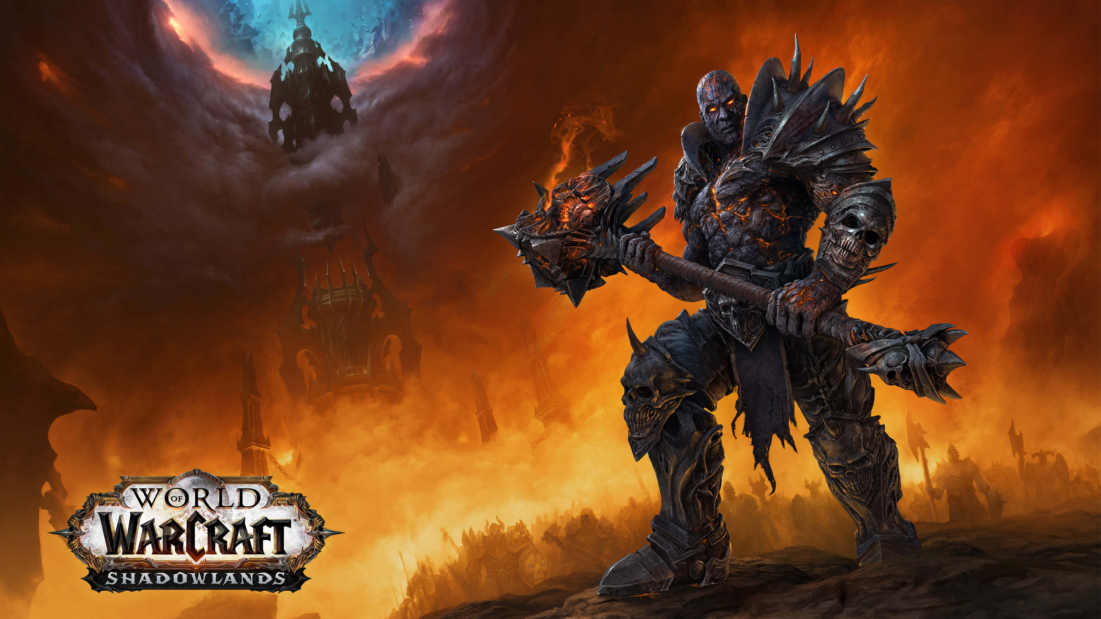 World of Warcraft Shadowlands, flaming axe, fiery sky, 4K Desktop Wallpaper