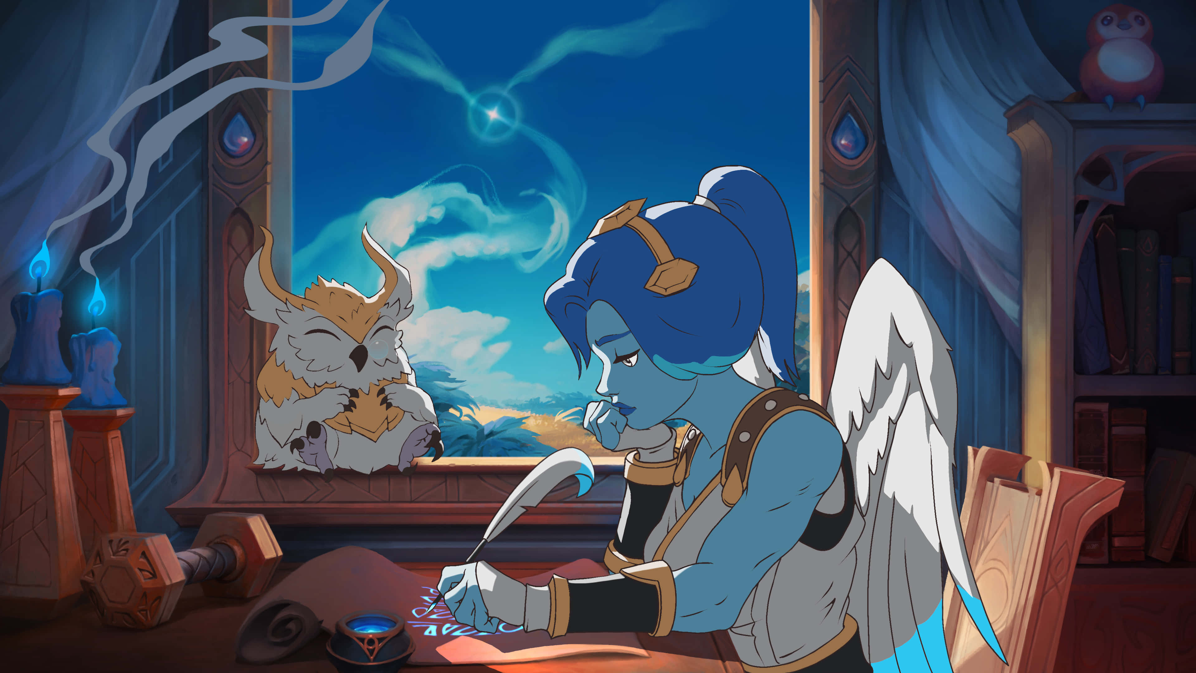 World of Warcraft Shadowlands, blue-skinned angelic figure, white wings, 4K Desktop Wallpaper