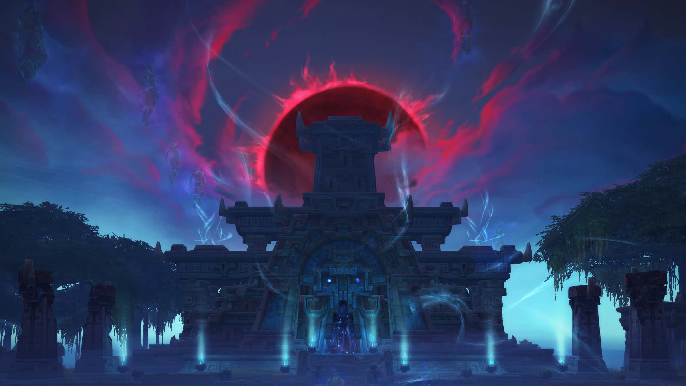 World of Warcraft Shadowlands, mystical ancient temple, glowing red sun, Full HD Desktop Wallpaper