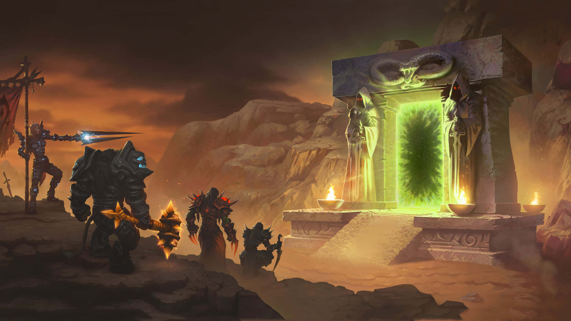 World Of Warcraft The Burning Crusade, dark fantasy warriors, glowing green portal, Full HD Desktop Wallpaper