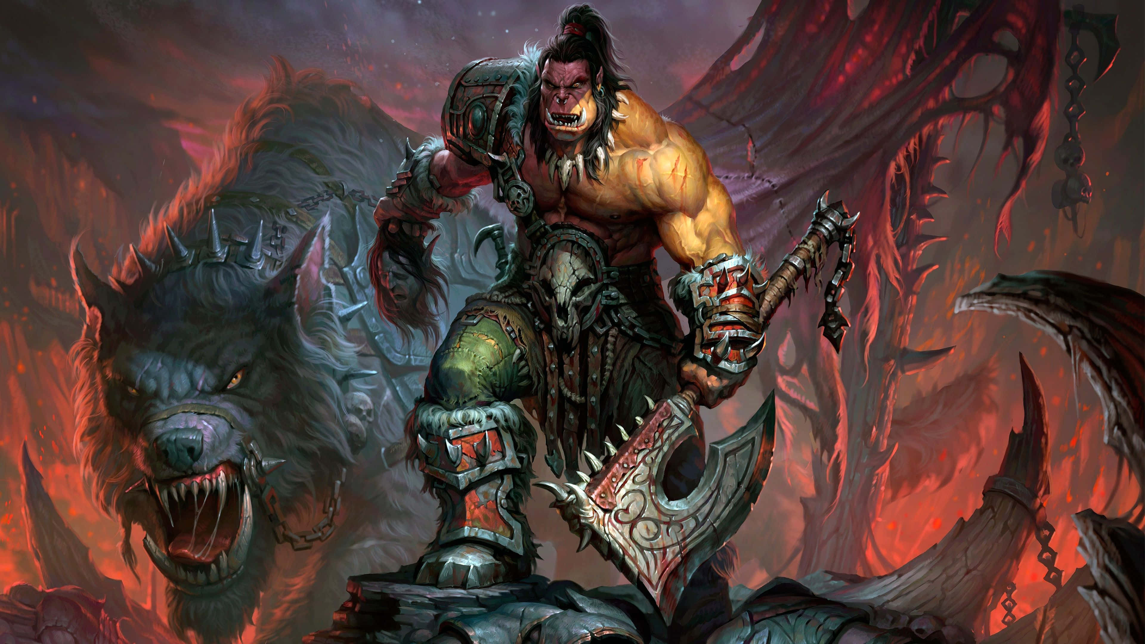 Warlords of Draenor, orc warrior, spiked axe, 4K Desktop Wallpaper