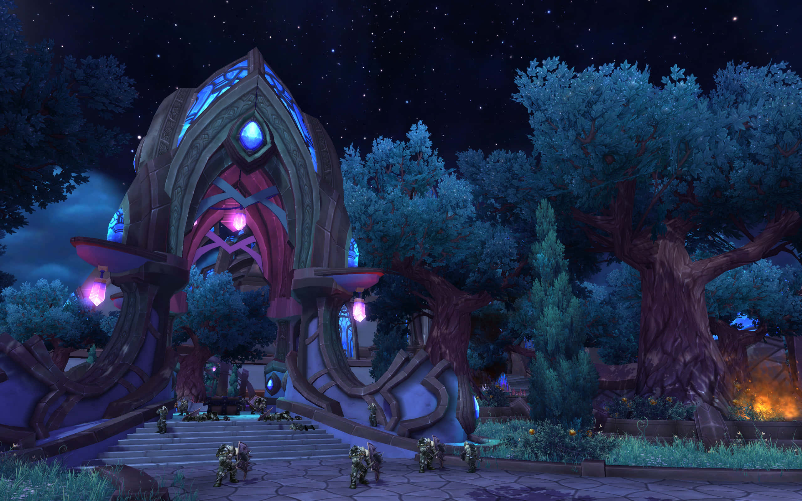 World Of Warcraft Warlords Of Draenor, glowing fantasy temple, blue and pink lights, 2K Desktop Wallpaper
