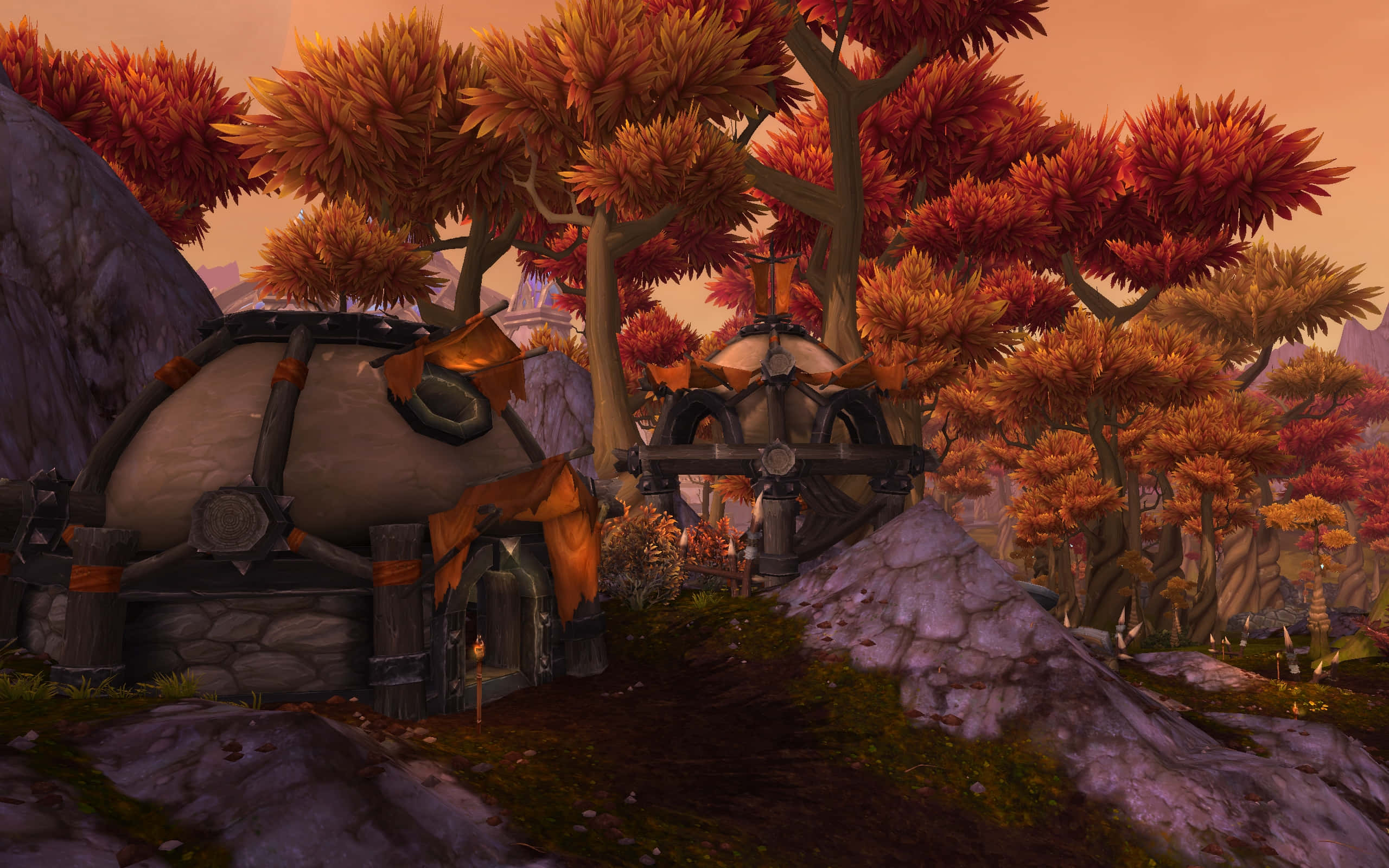 World Of Warcraft Warlords Of Draenor, rustic stone and wood dwelling, fiery red autumn trees, 2K Desktop Wallpaper