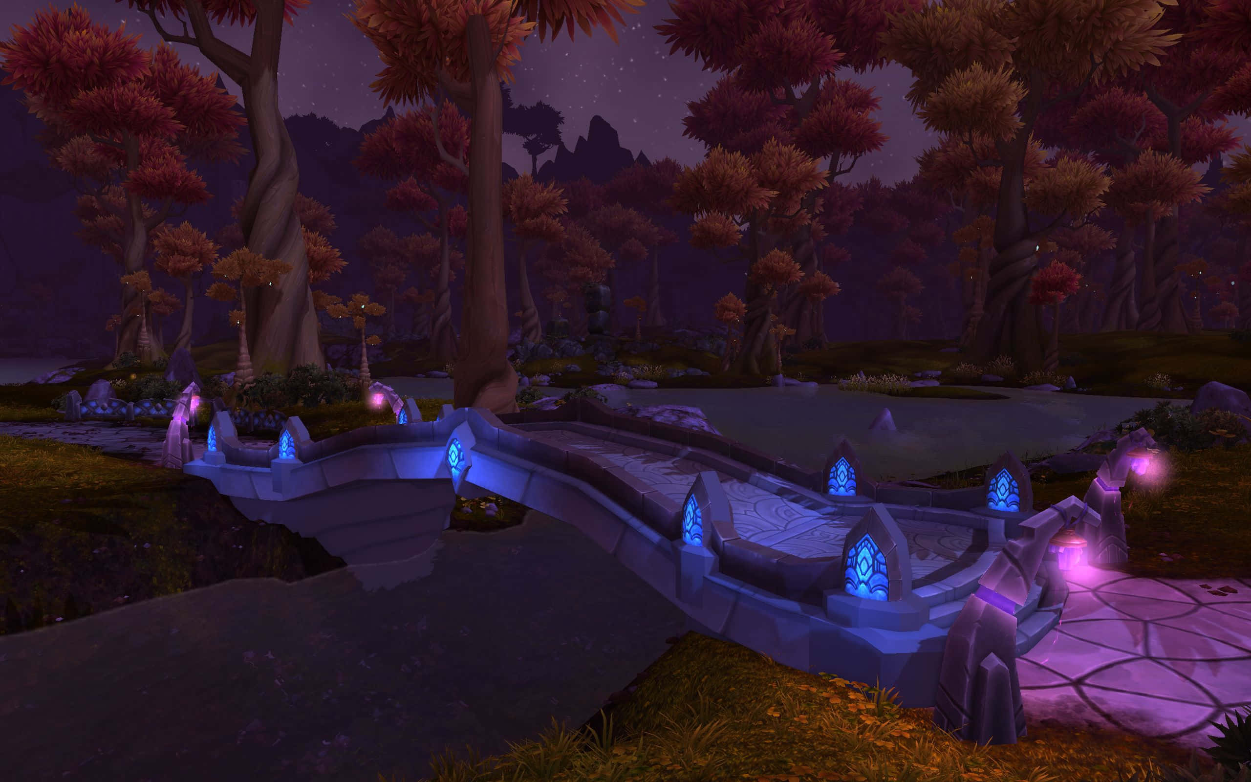Warlords Of Draenor, glowing stone bridge, dark stream, 2K Desktop Wallpaper