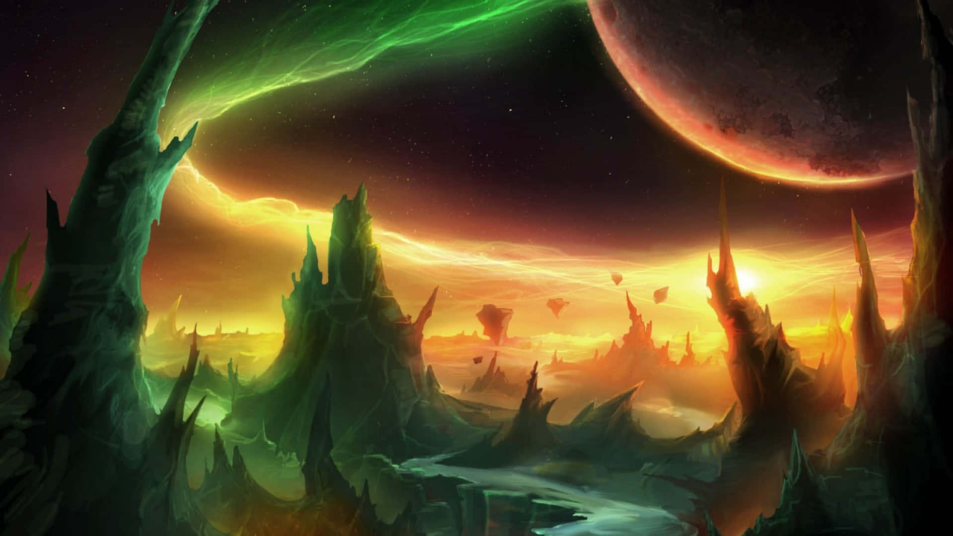 World of Warcraft Warlords Of Draenor, jagged green mountains, glowing aurora, Full HD Desktop Wallpaper
