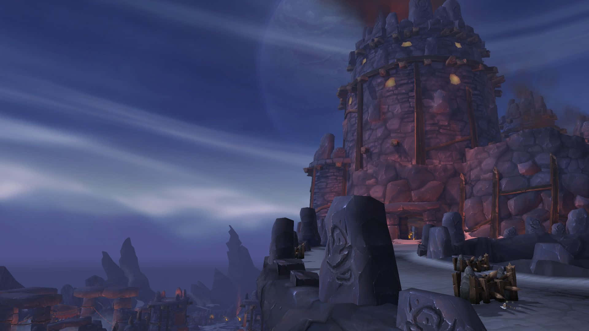 Warlords Of Draenor, stone fortress, glowing windows, Full HD Desktop Wallpaper