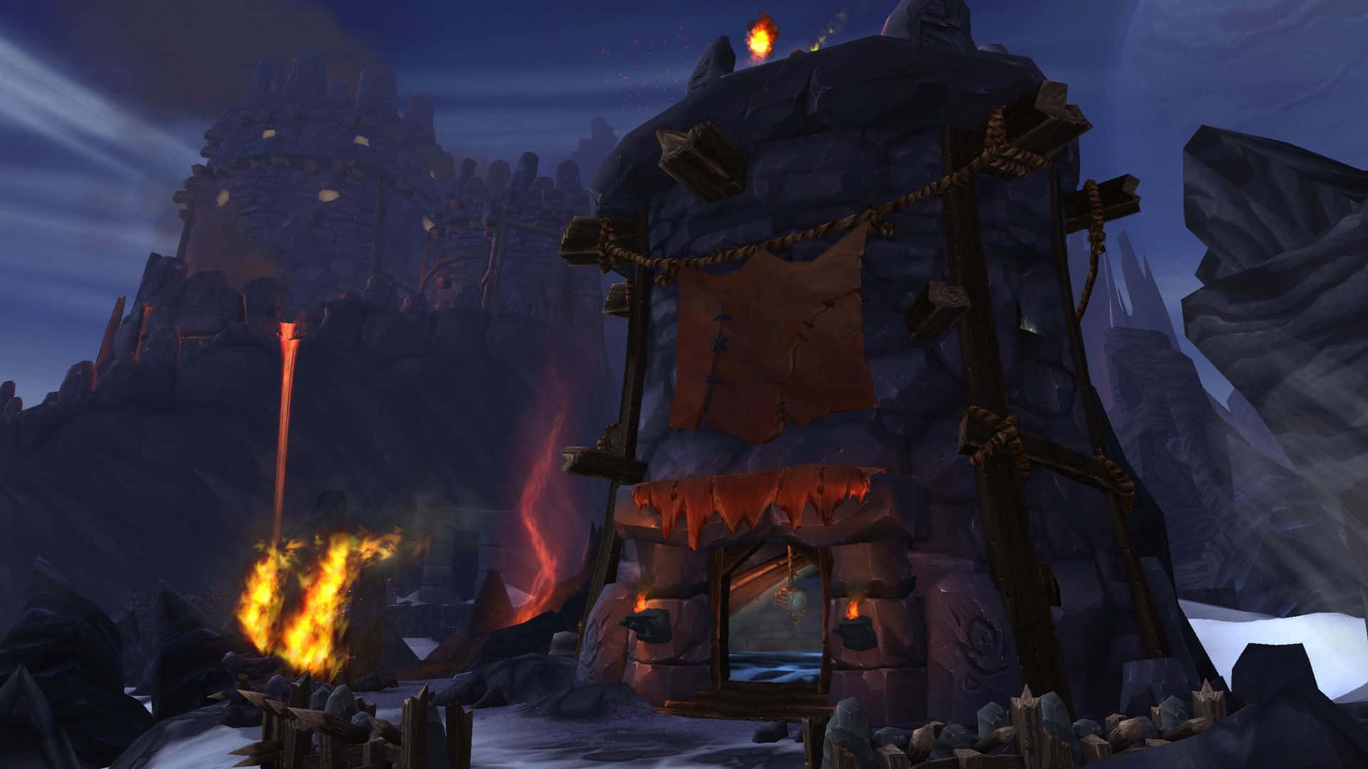 World of Warcraft Warlords of Draenor, rustic stone hut, glowing orange firelight, Full HD Desktop Wallpaper