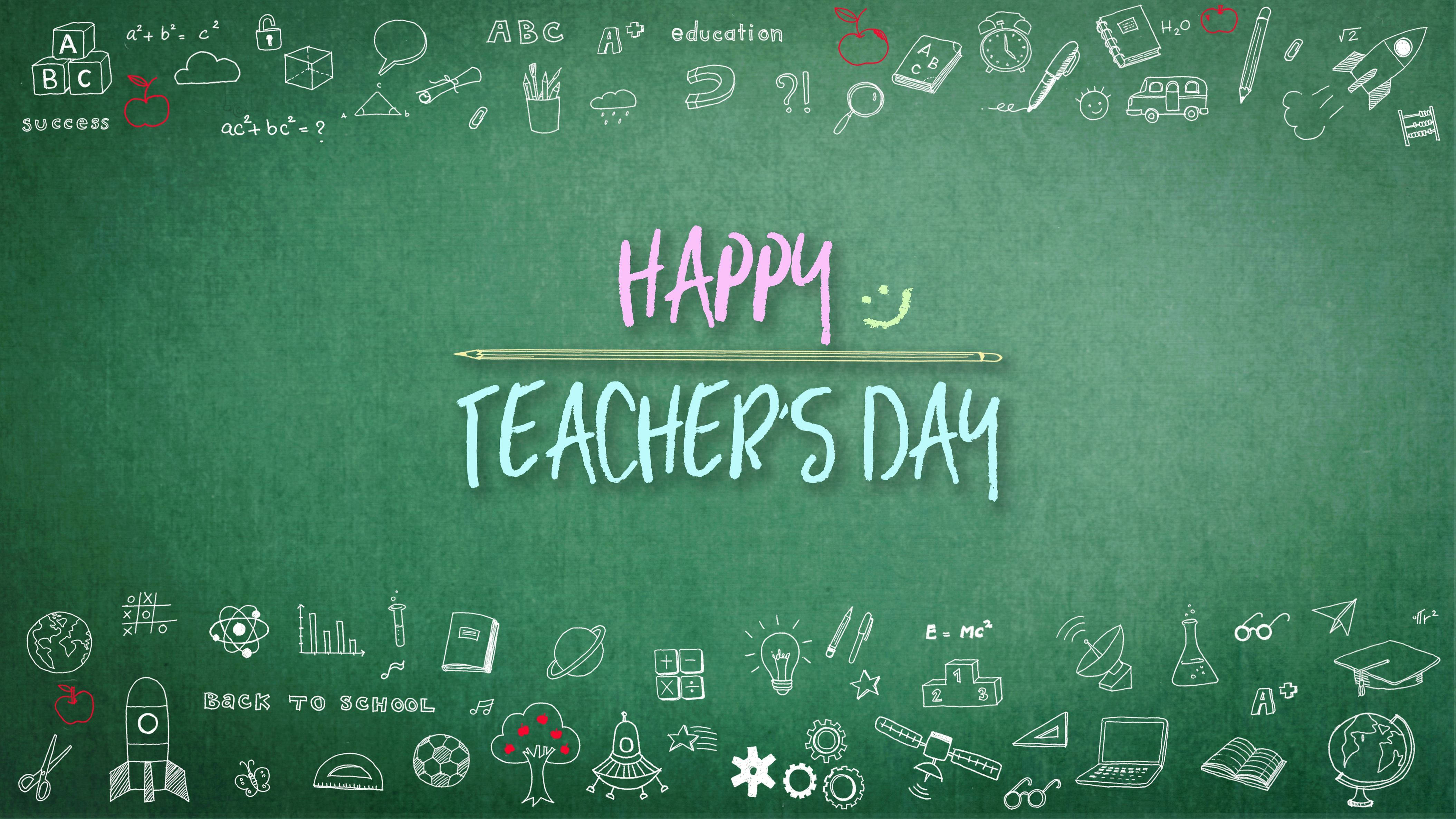 green chalkboard, HAPPY TEACHER'S DAY, colorful chalk, 4K Desktop Wallpaper