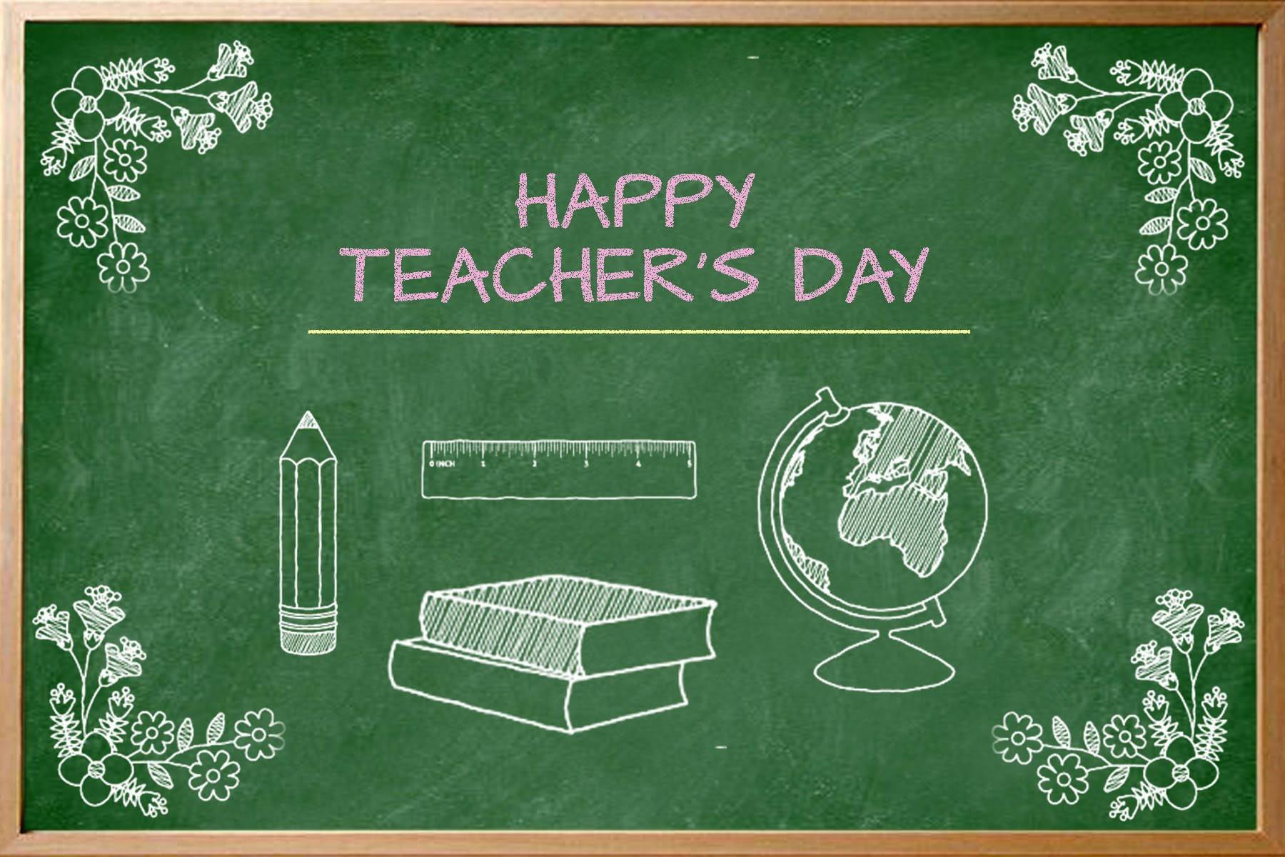 green chalkboard, white chalk drawings, flowers books a globe a pencil and a ruler, HD Desktop Wallpaper