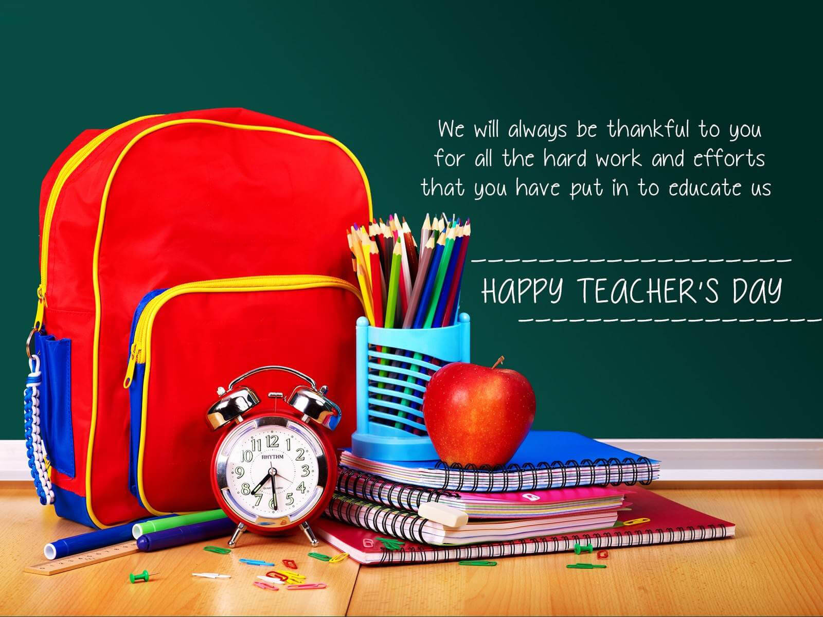 vibrant red backpack, school supplies, wooden floor, HD Desktop Wallpaper