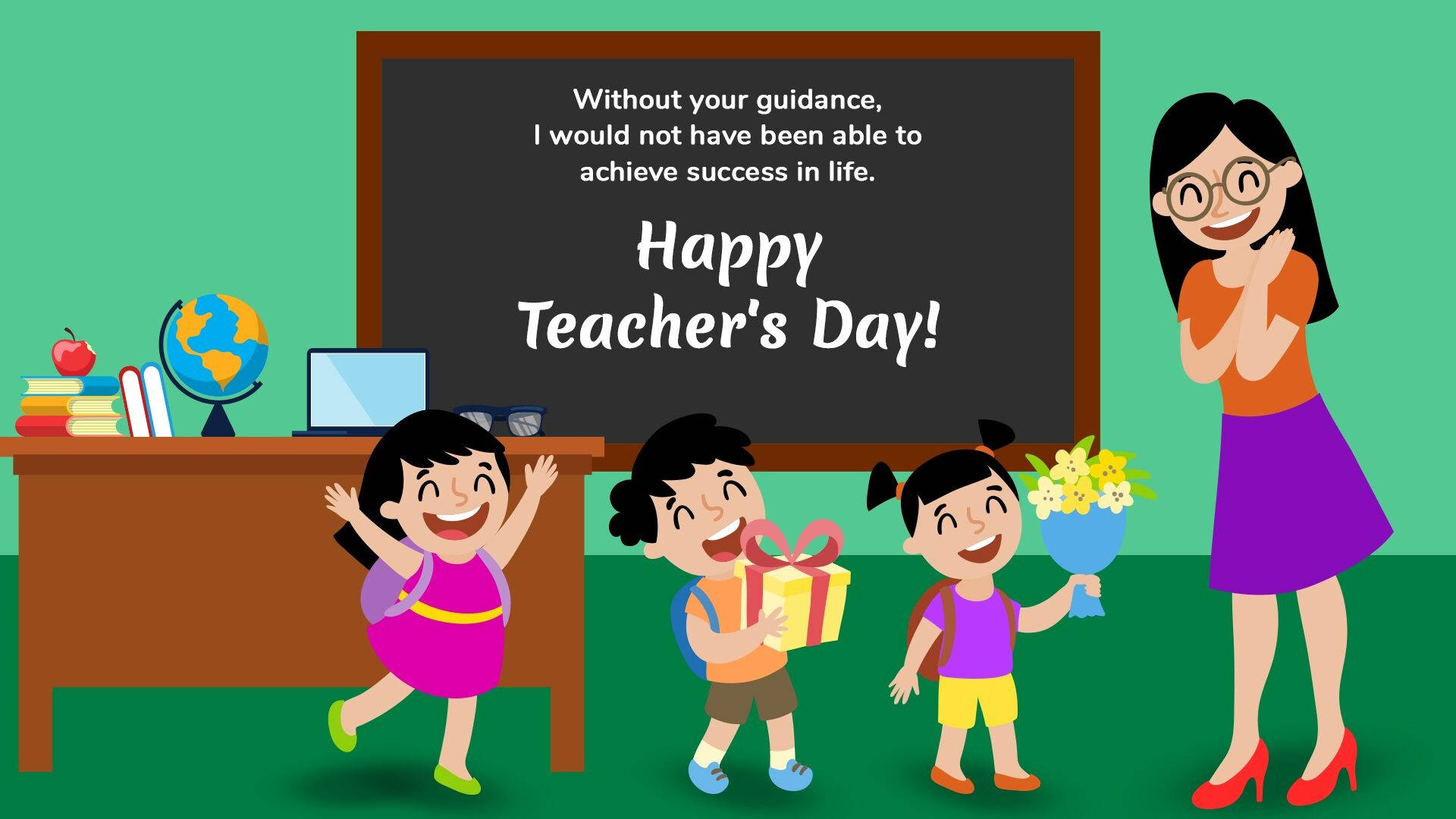 Happy Teachers' Day Cartoon, students, teacher, Full HD Desktop Wallpaper