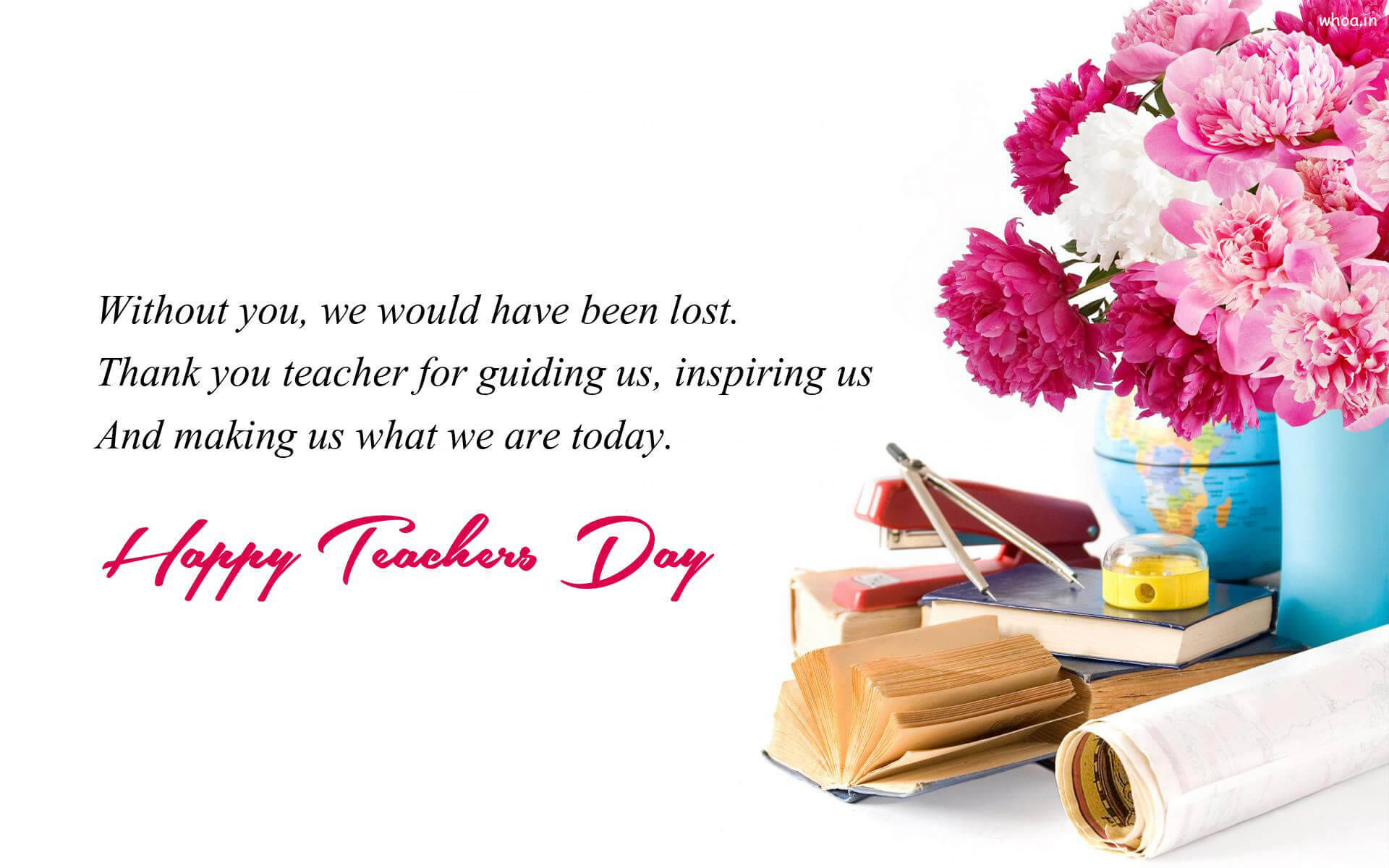 Happy Teachers' Day Quote, pink and white flowers, books, Full HD Desktop Wallpaper