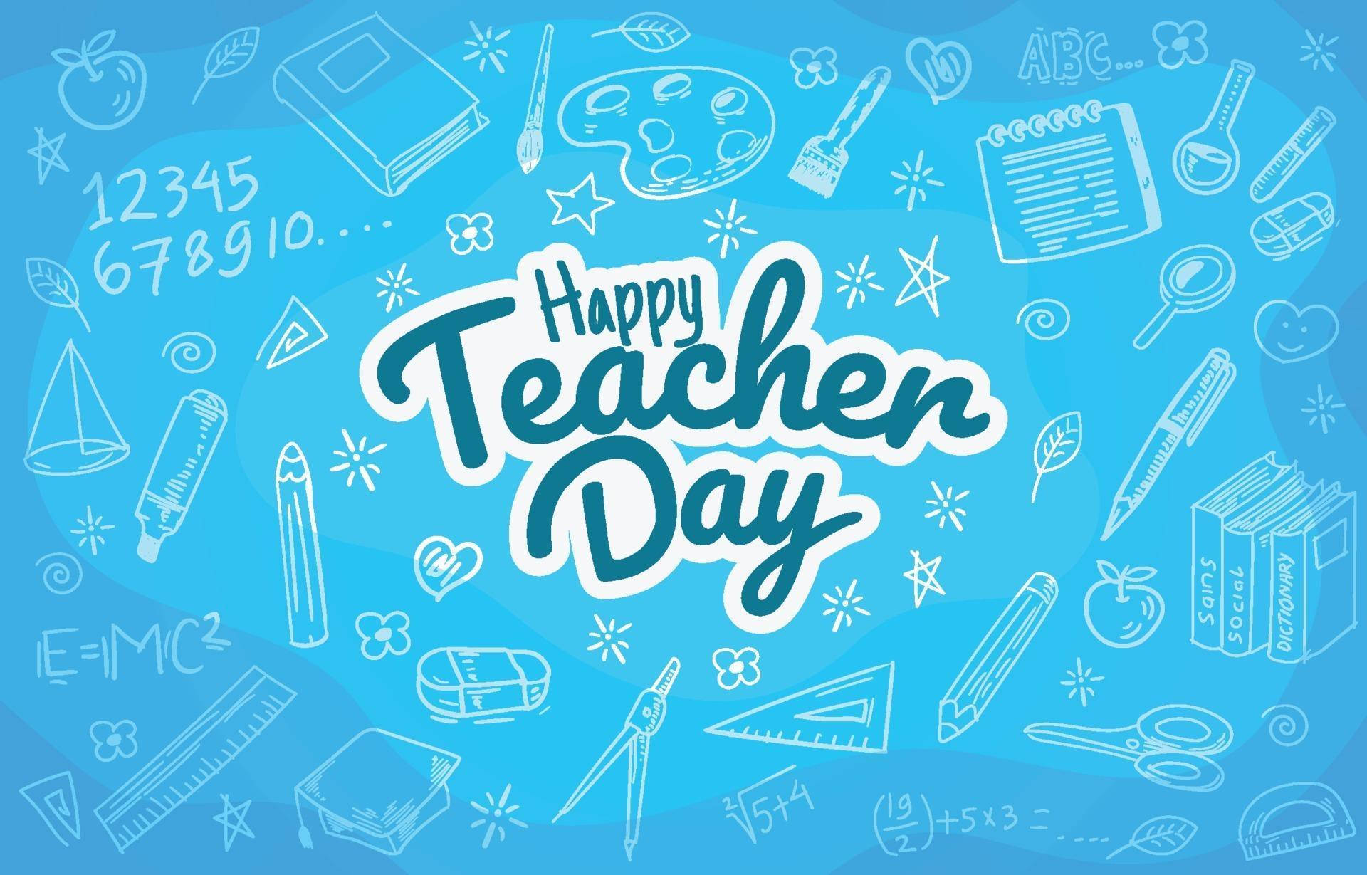 Happy Teacher Day, blue background, white outlined school supplies, Full HD Desktop Wallpaper