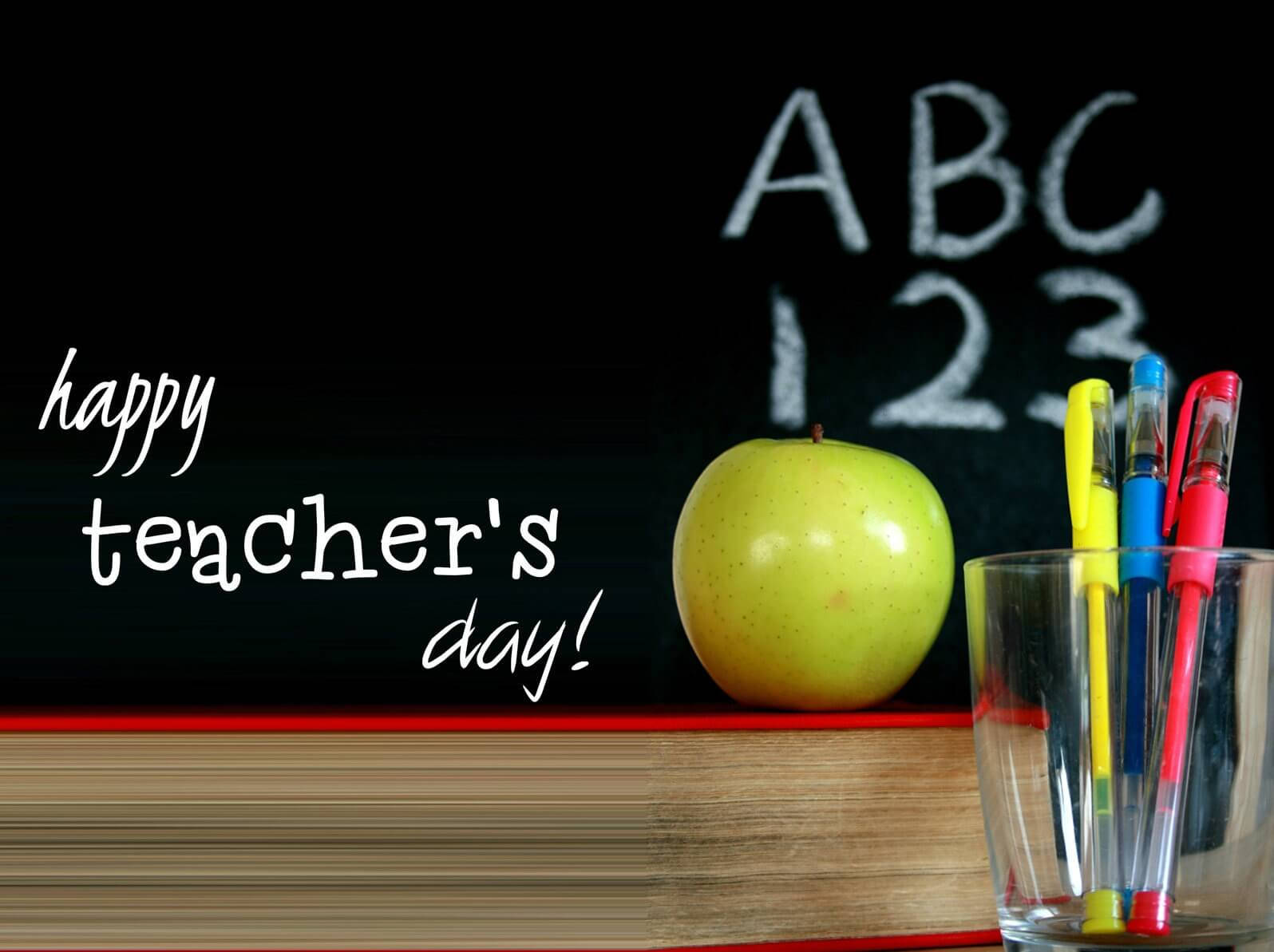 green apple, colorful pens, chalkboard, HD Desktop Wallpaper