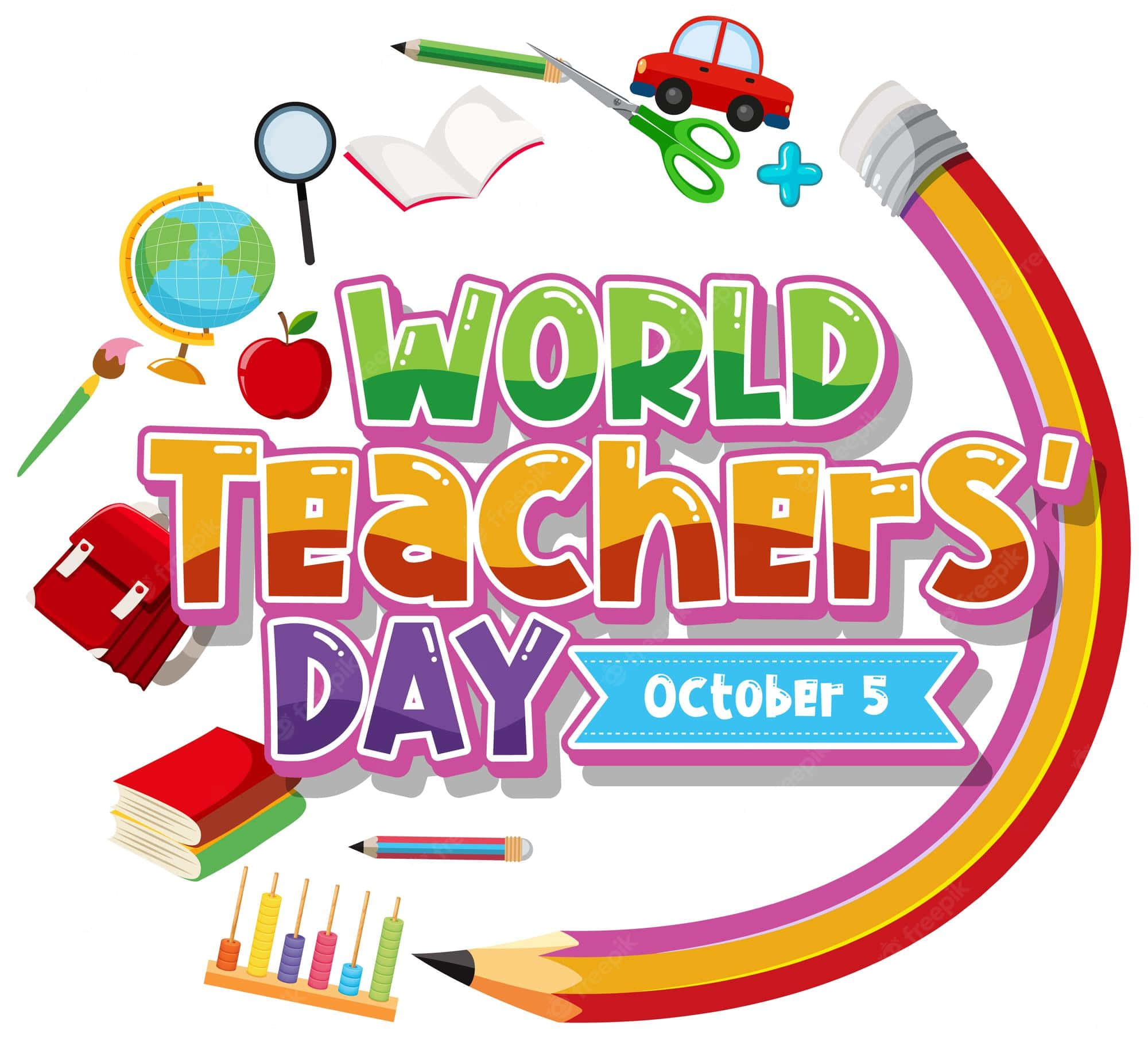 World Teachers' Day, cartoon illustration, colorful school supplies, Full HD Desktop Wallpaper