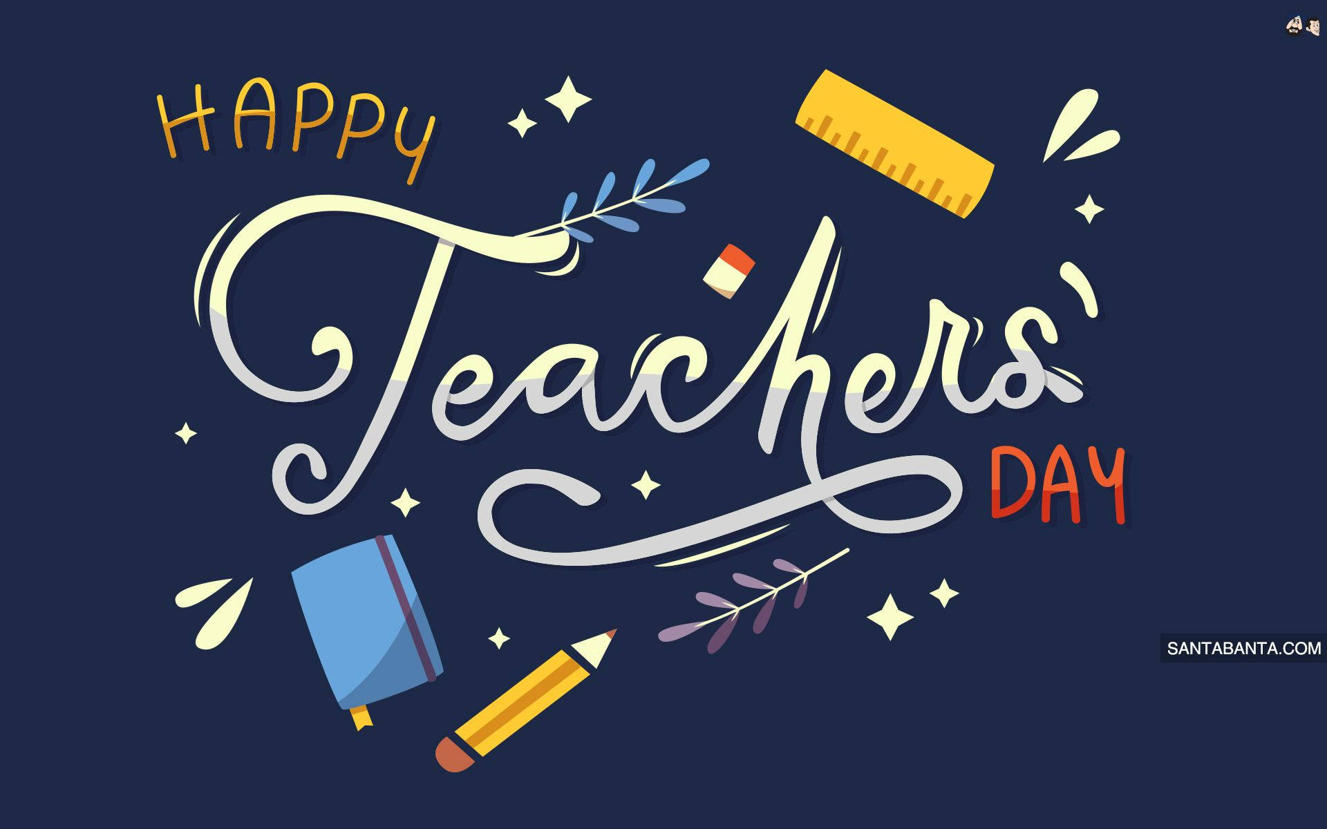 Happy Teachers' Day, stylized lettering, floating school supplies, Full HD Desktop Wallpaper