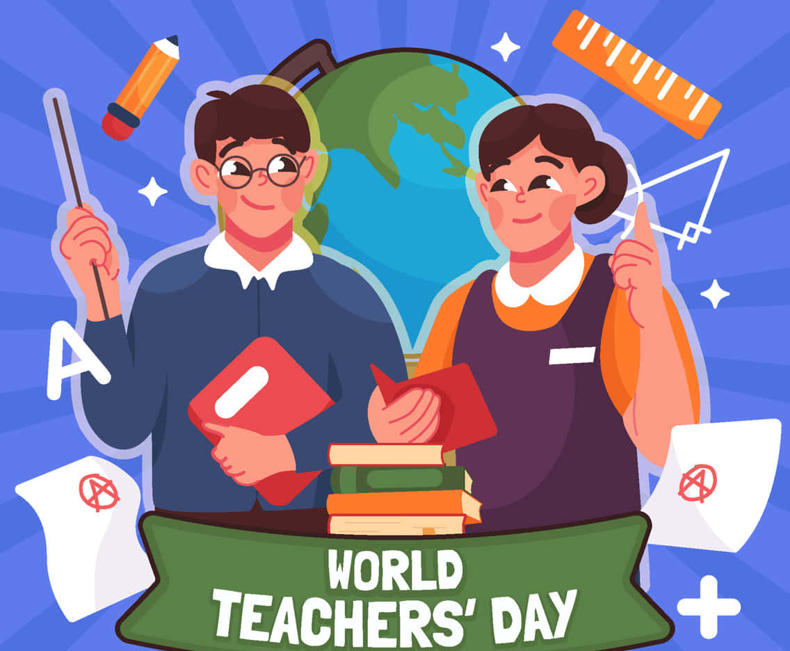World Teachers' Day, blue radial background, globe, SD Desktop Wallpaper