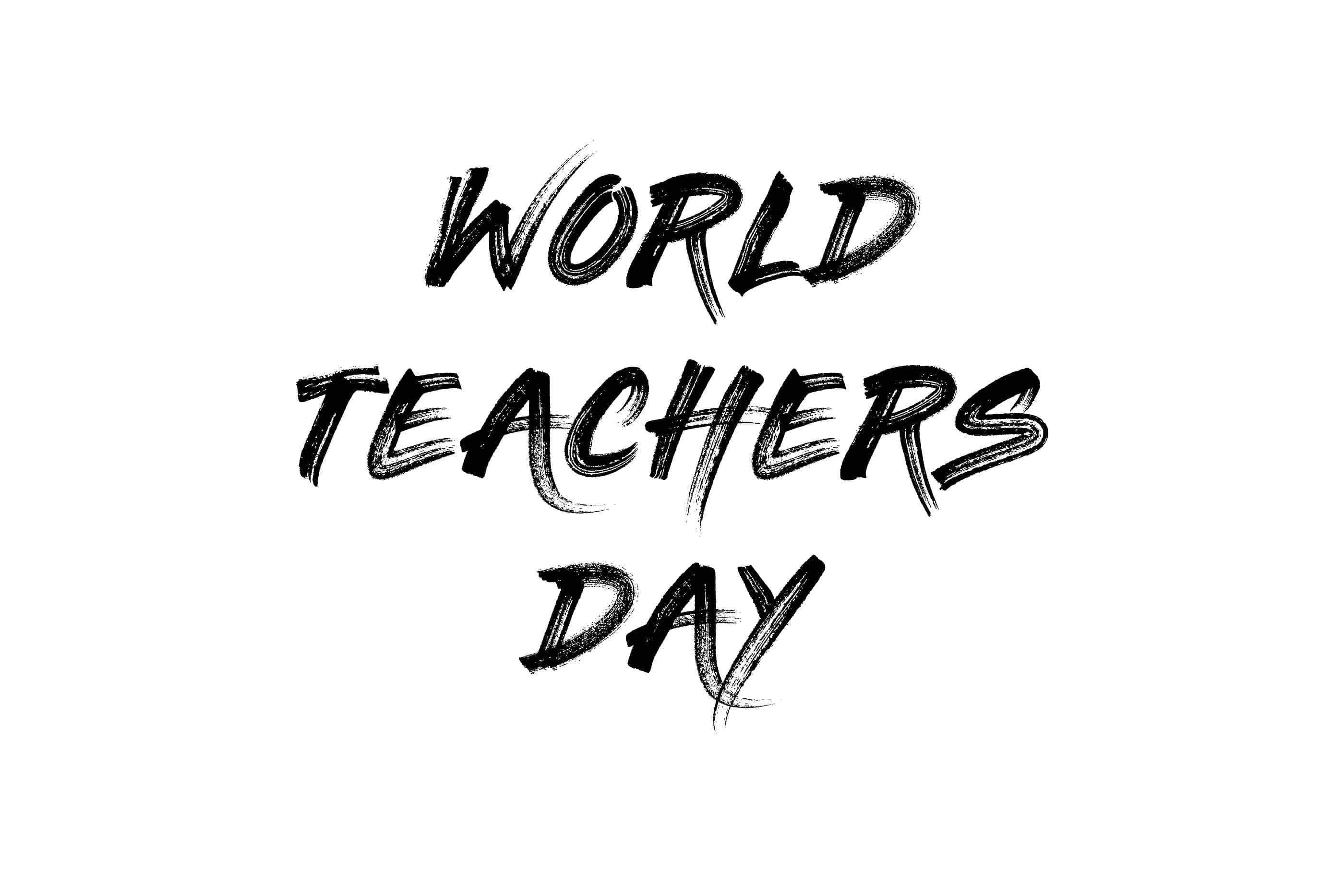 WORLD TEACHERS DAY, black brushstroke text, stark white background, 2K Desktop Wallpaper