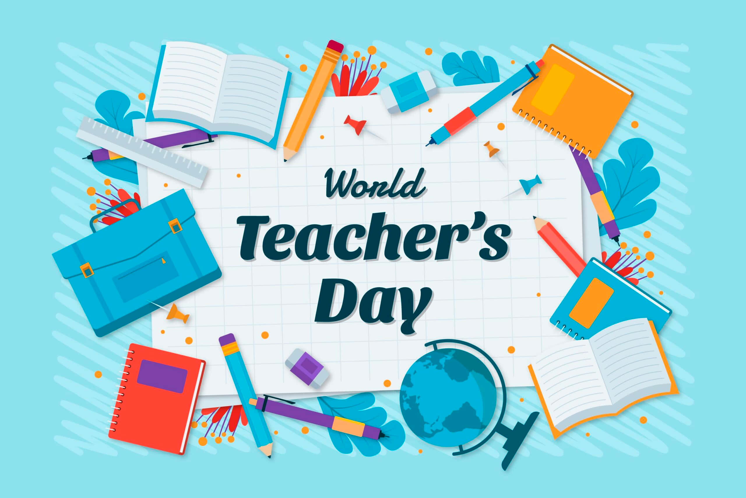 World Teachers Day, flat design illustration, school supplies, 2K Desktop Wallpaper