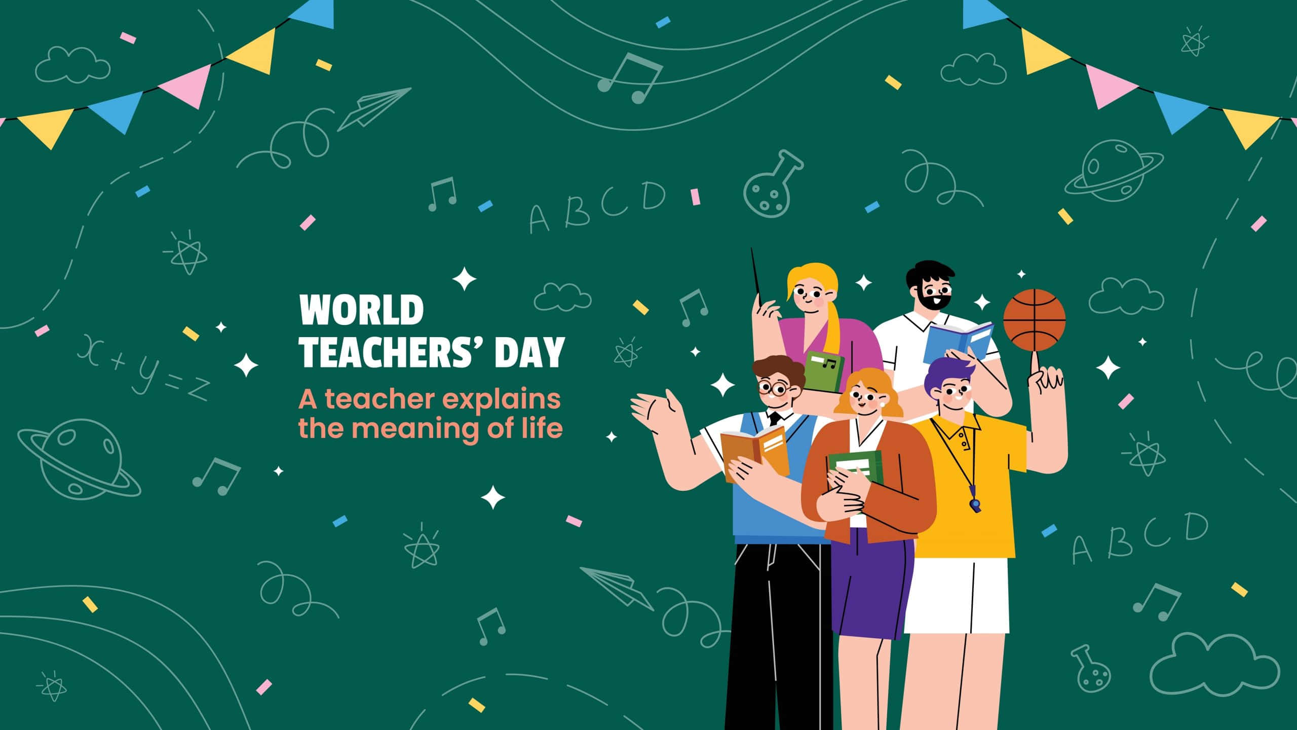 World Teachers Day, chalkboard, festive banners, 2K Desktop Wallpaper