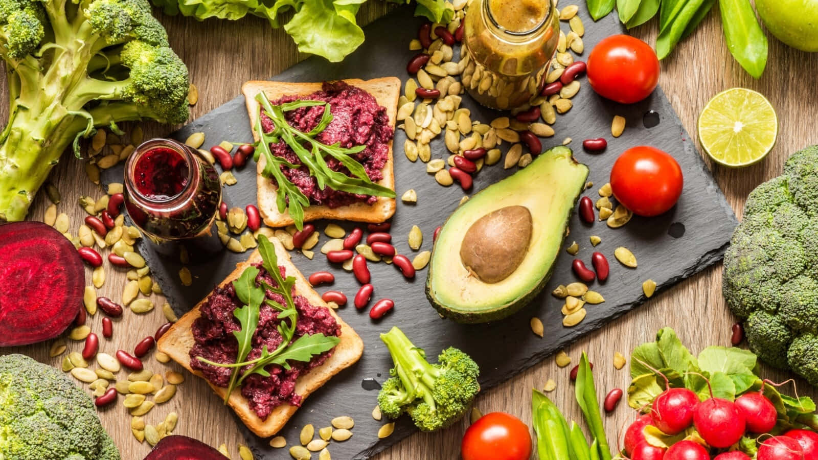 World Vegetarian Day, beet hummus toast, arugula, HD Desktop Wallpaper