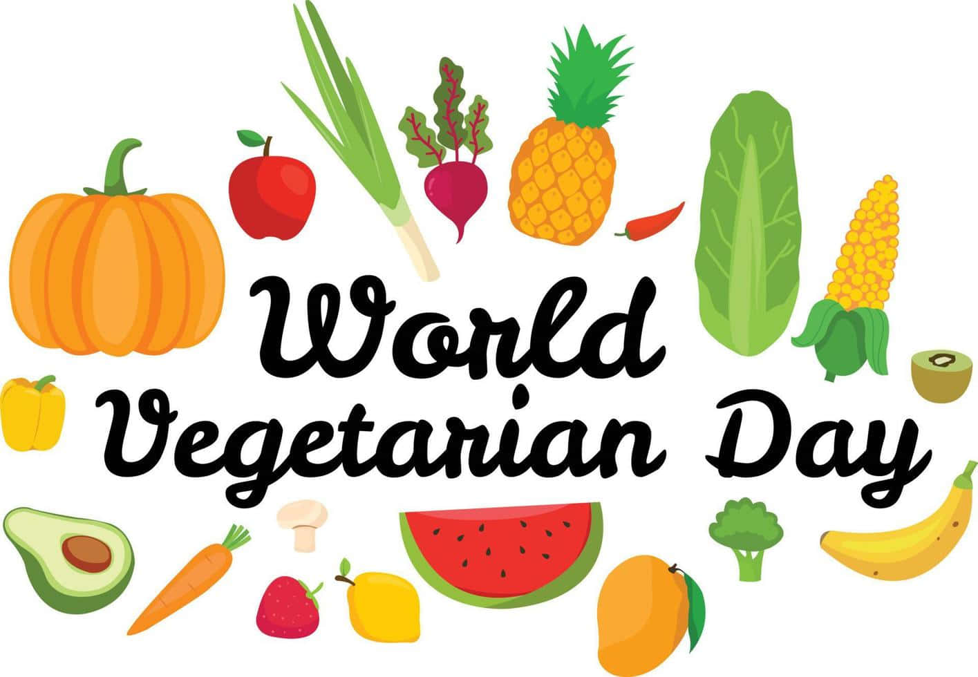 World Vegetarian Day, colorful cartoon illustration, assorted fruits and vegetables, HD Desktop Wallpaper