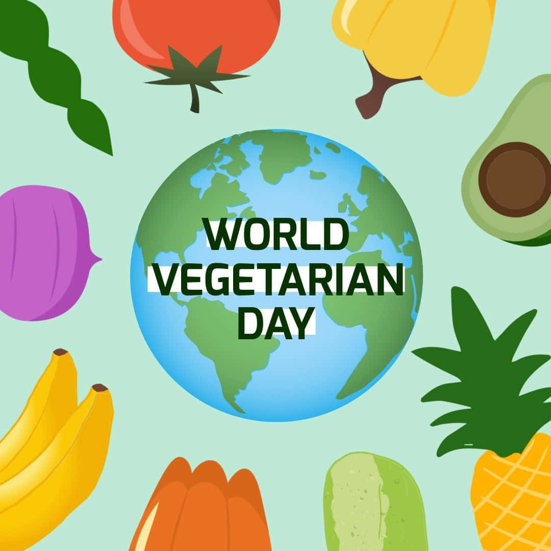 World Vegetarian Day, globe, colorful cartoon vegetables and fruits, SD Desktop Wallpaper