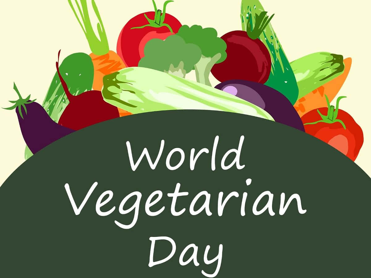 World Vegetarian Day, dark green banner, cartoon illustration, SD Desktop Wallpaper