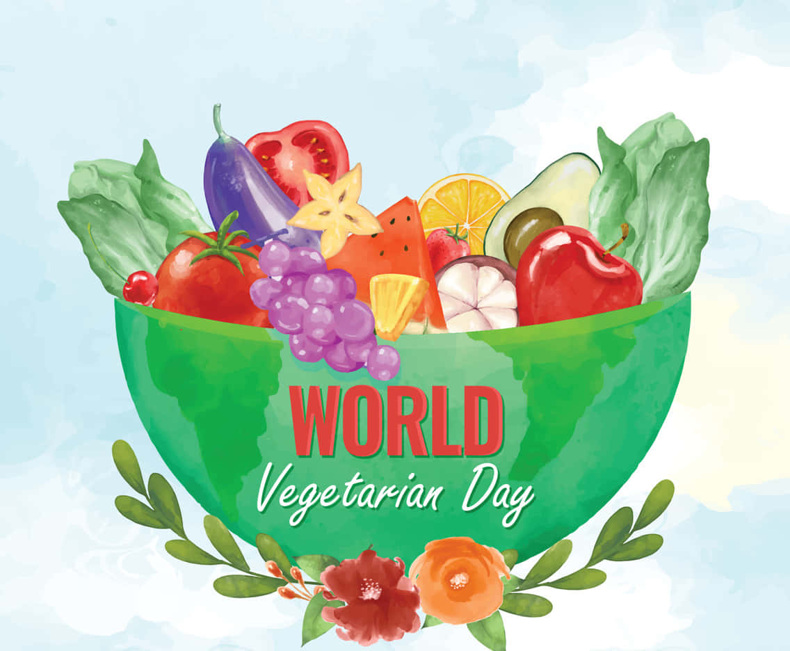 World Vegetarian Day, watercolor bowl, colorful fruits and vegetables, SD Desktop Wallpaper