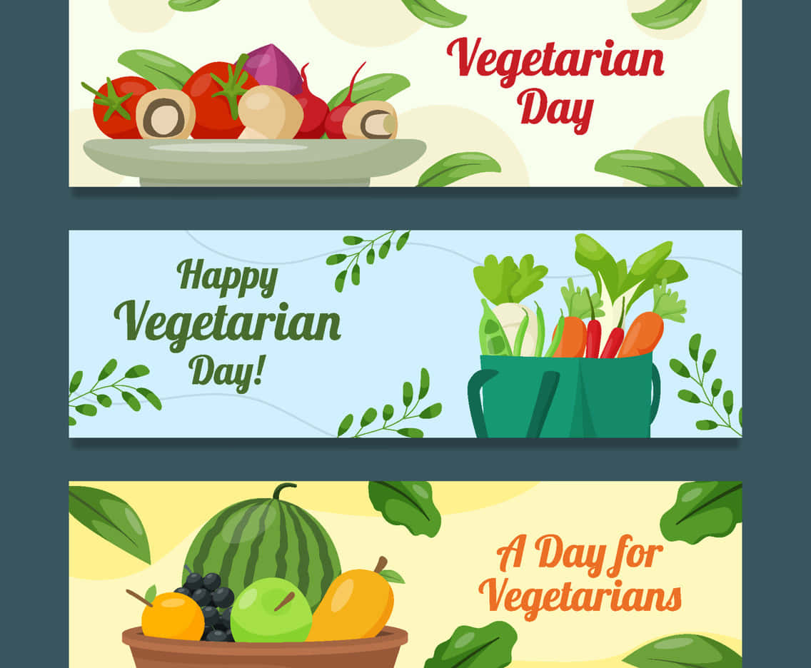 World Vegetarian Day, colorful banners, illustrated plates of veggies fruits, SD Desktop Wallpaper