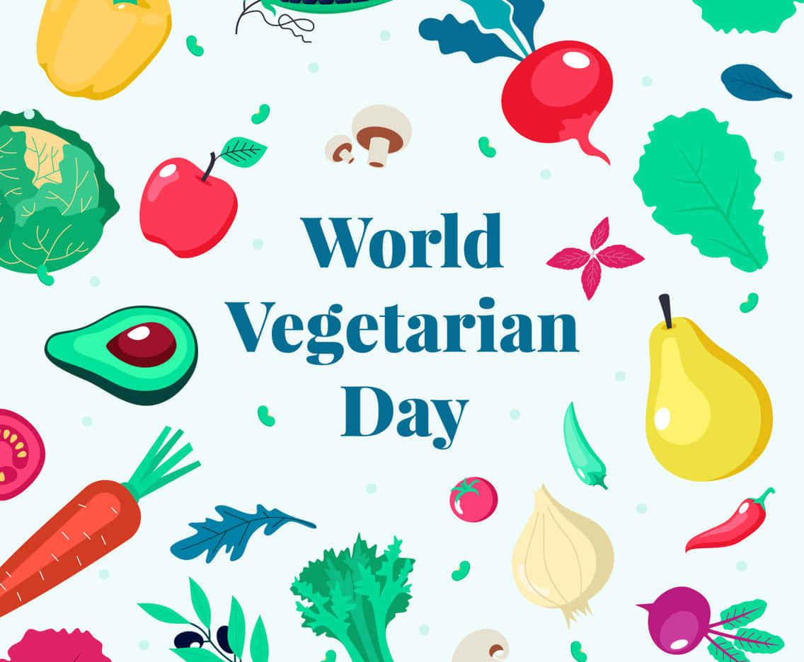 World Vegetarian Day, light blue background, vibrant flat vector illustration, SD Desktop Wallpaper