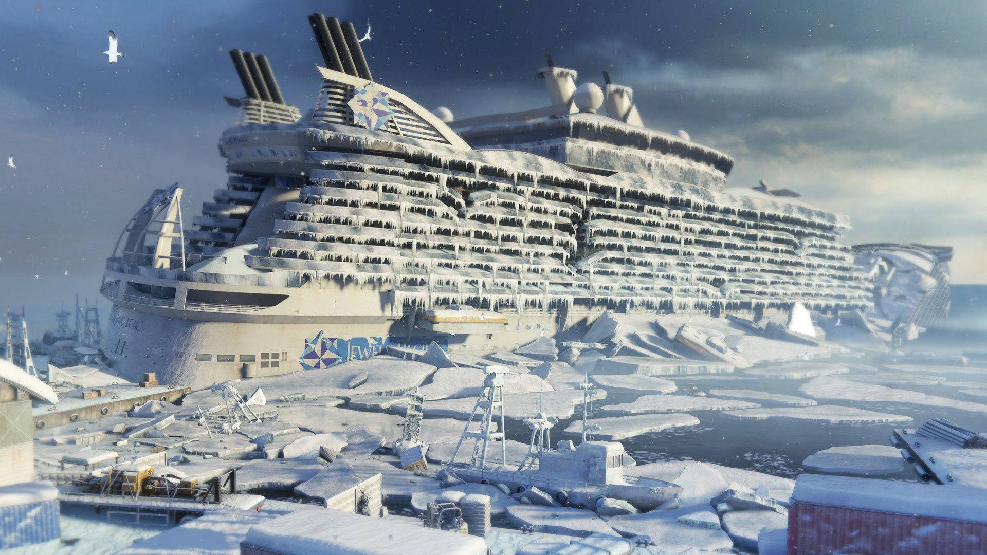 cruise ship, icy waters, snow-covered debris, Full HD Desktop Wallpaper