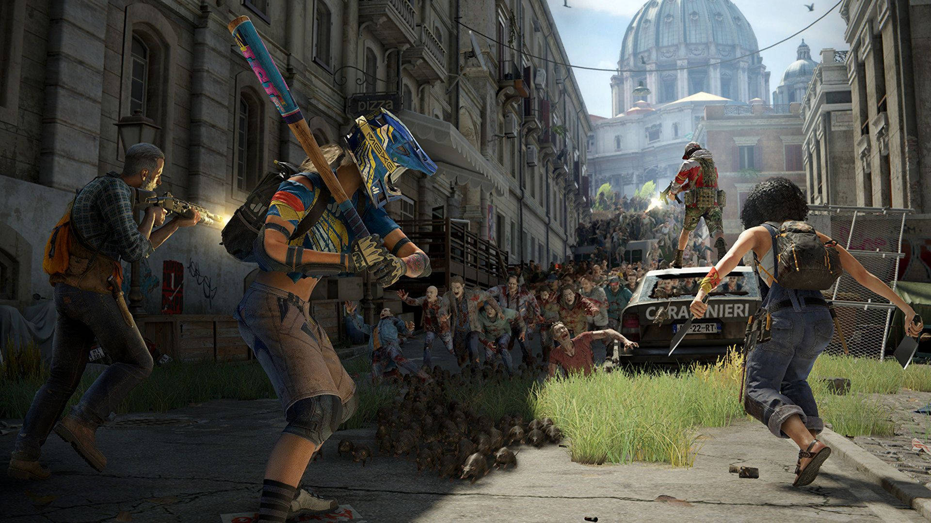 World War Z Aftermath, four characters, sunlit European city street, Full HD Desktop Wallpaper