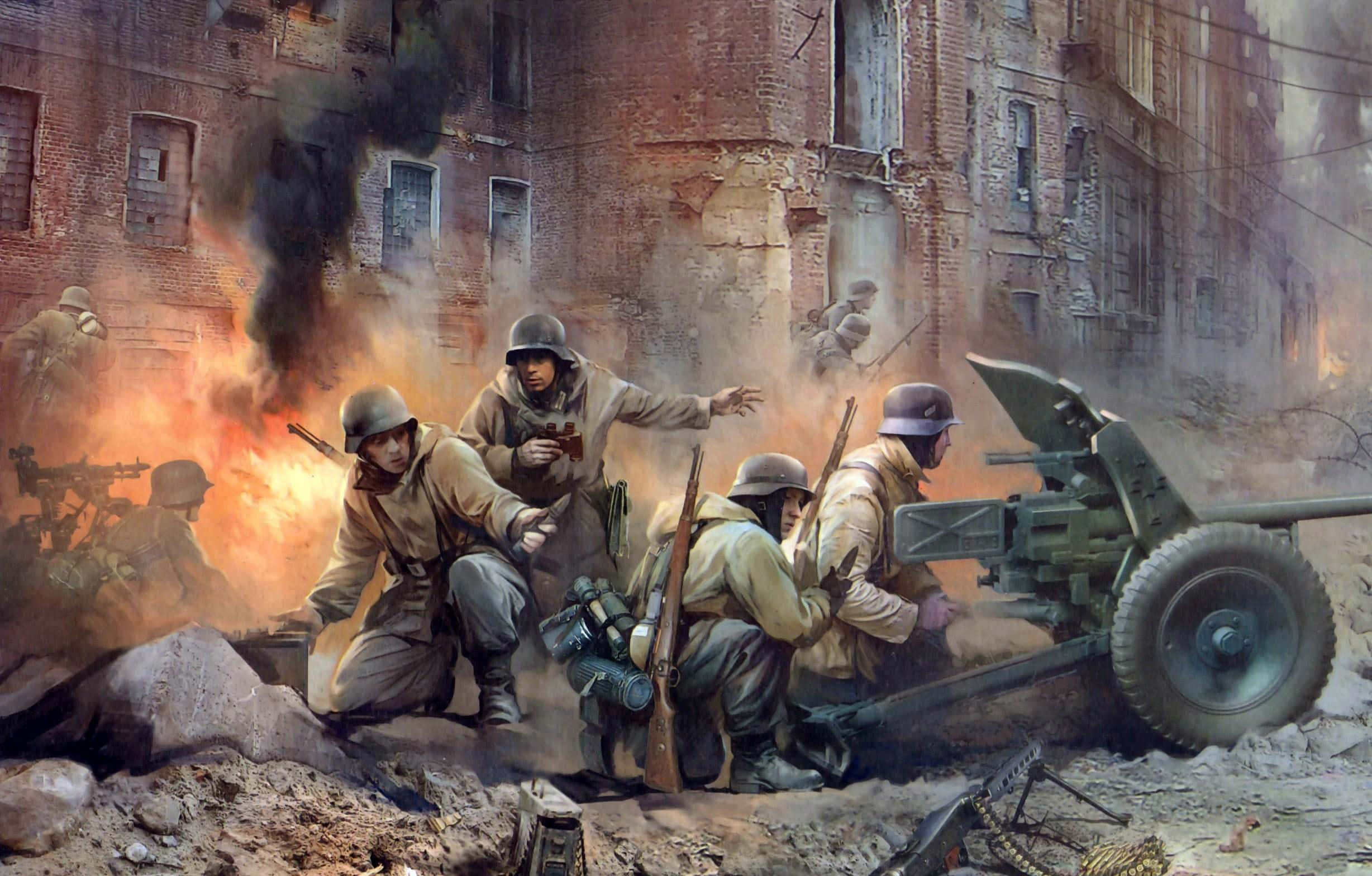 World War I I, artillery battle scene, field gun, Full HD Desktop Wallpaper