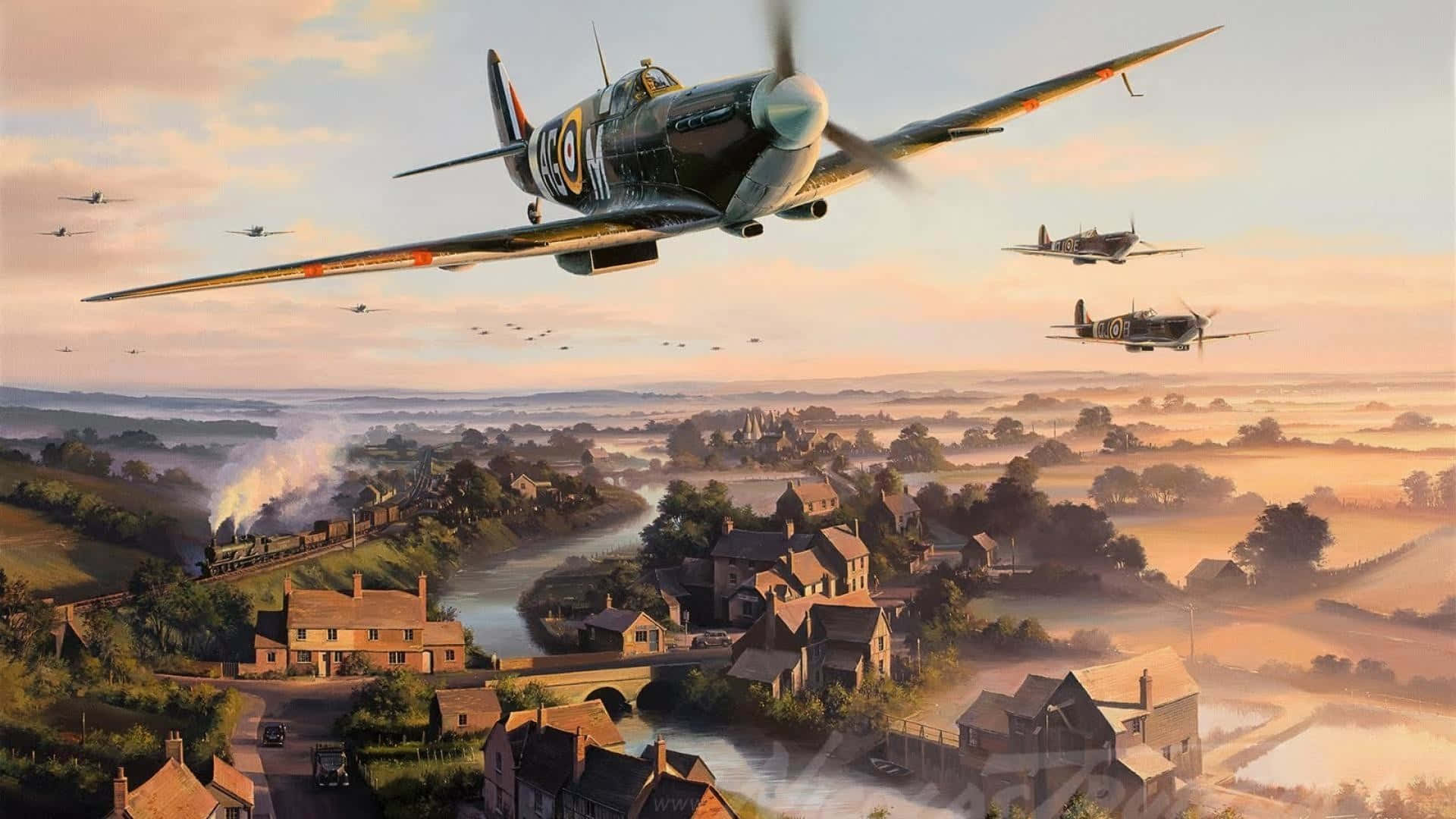 World War, vintage fighter planes, misty English countryside village, Full HD Desktop Wallpaper