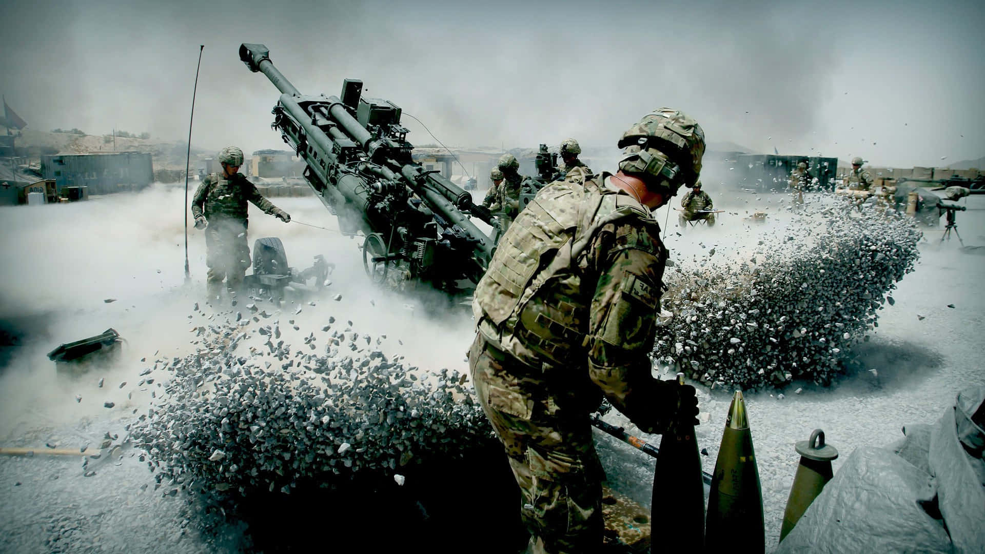 soldiers, camouflage, heavy artillery piece, Full HD Desktop Wallpaper