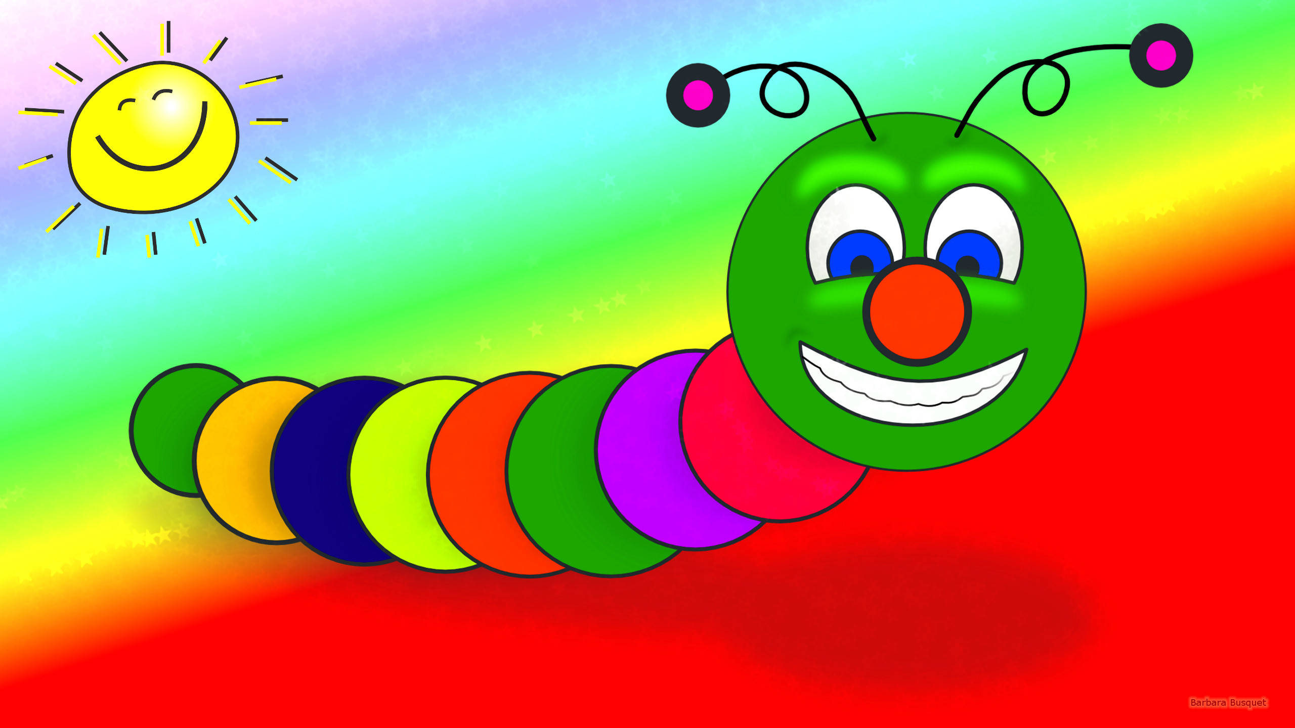 multicolor worm, rainbow segments, bright yellow sun, 2K Desktop Wallpaper