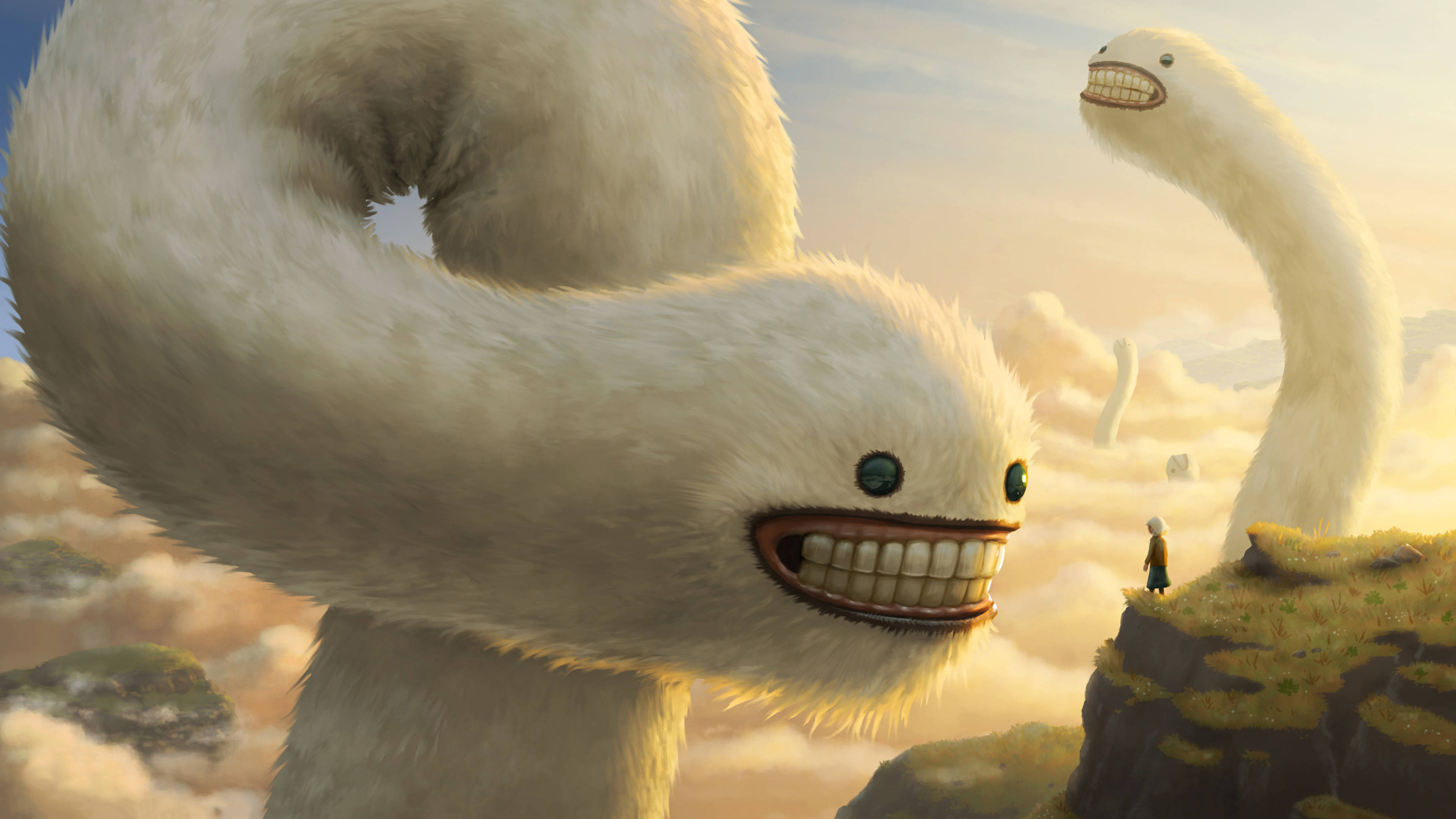 fuzzy cloud worm, giant fluffy white creatures, toothy grins, 4K Desktop Wallpaper